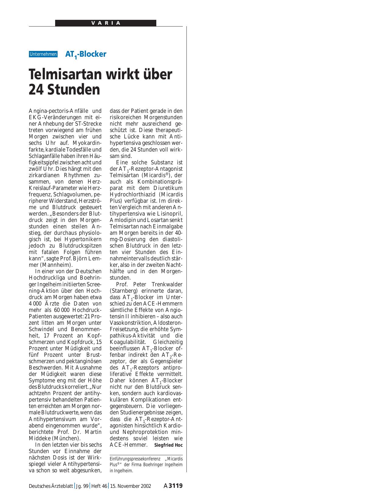 Vorschauseite 1: AT1-Blocker: Telmisartan wirkt über 24 Stunden