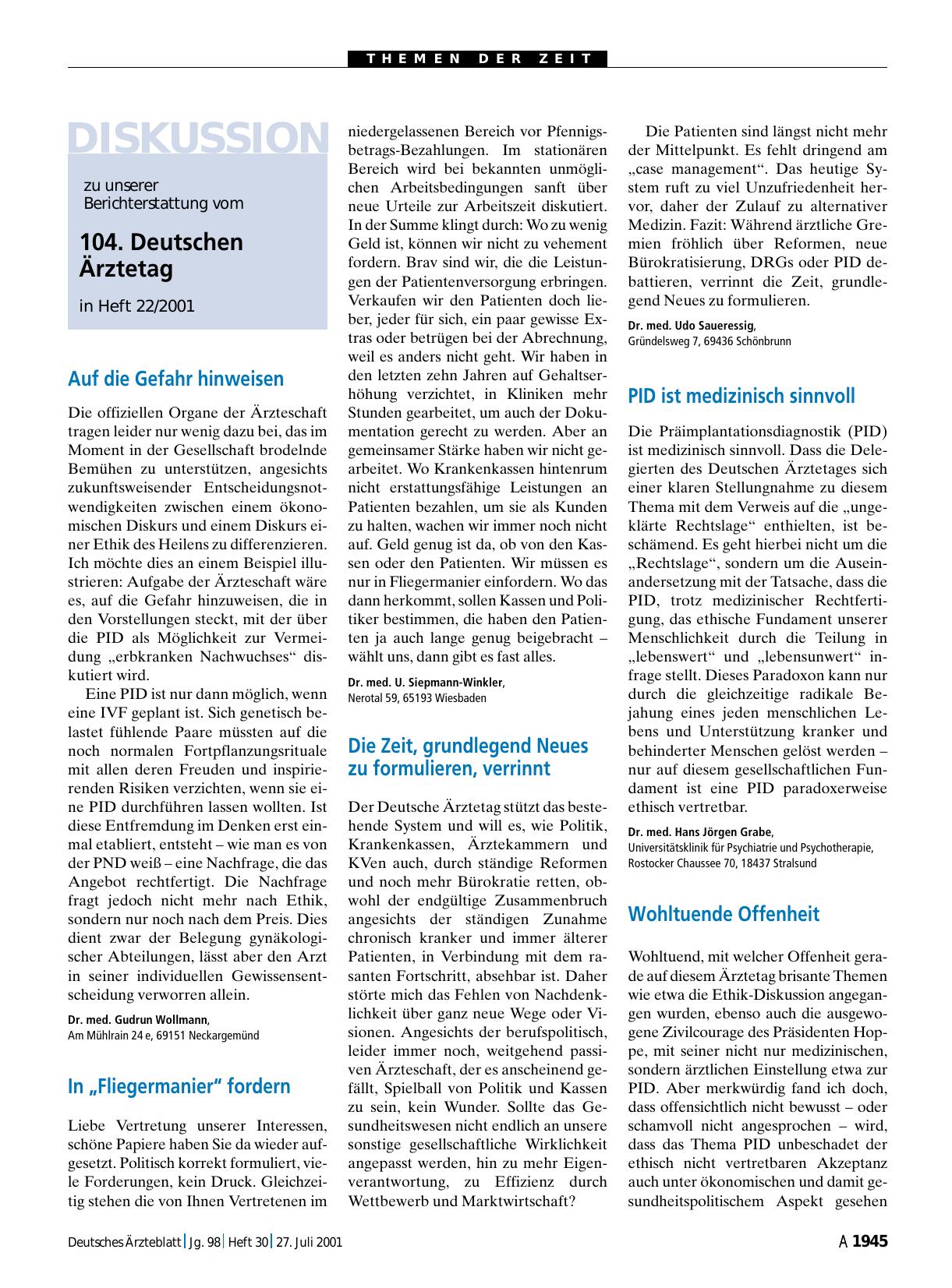Vorschauseite 1: 104. Deutschen Ärztetag: Wohltuende Offenheit