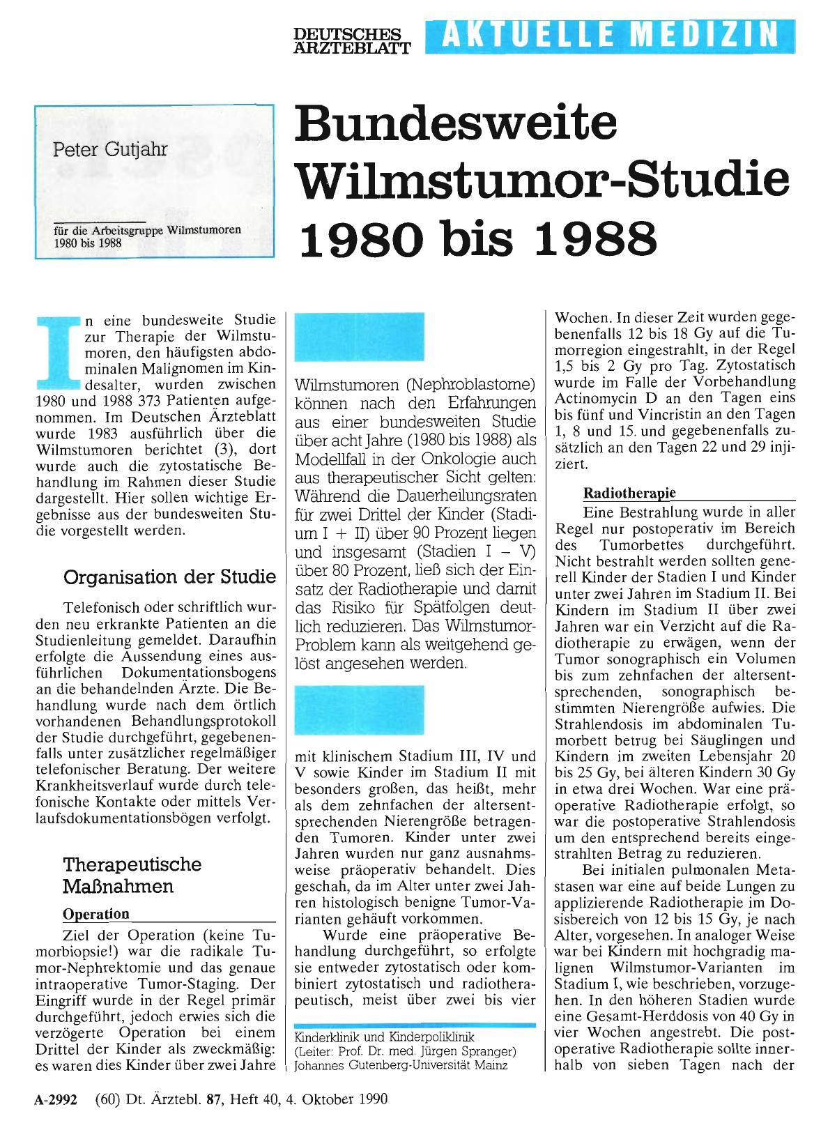 Vorschauseite 1: Bundesweite Wilmstumor-Studie 1980 bis 1988