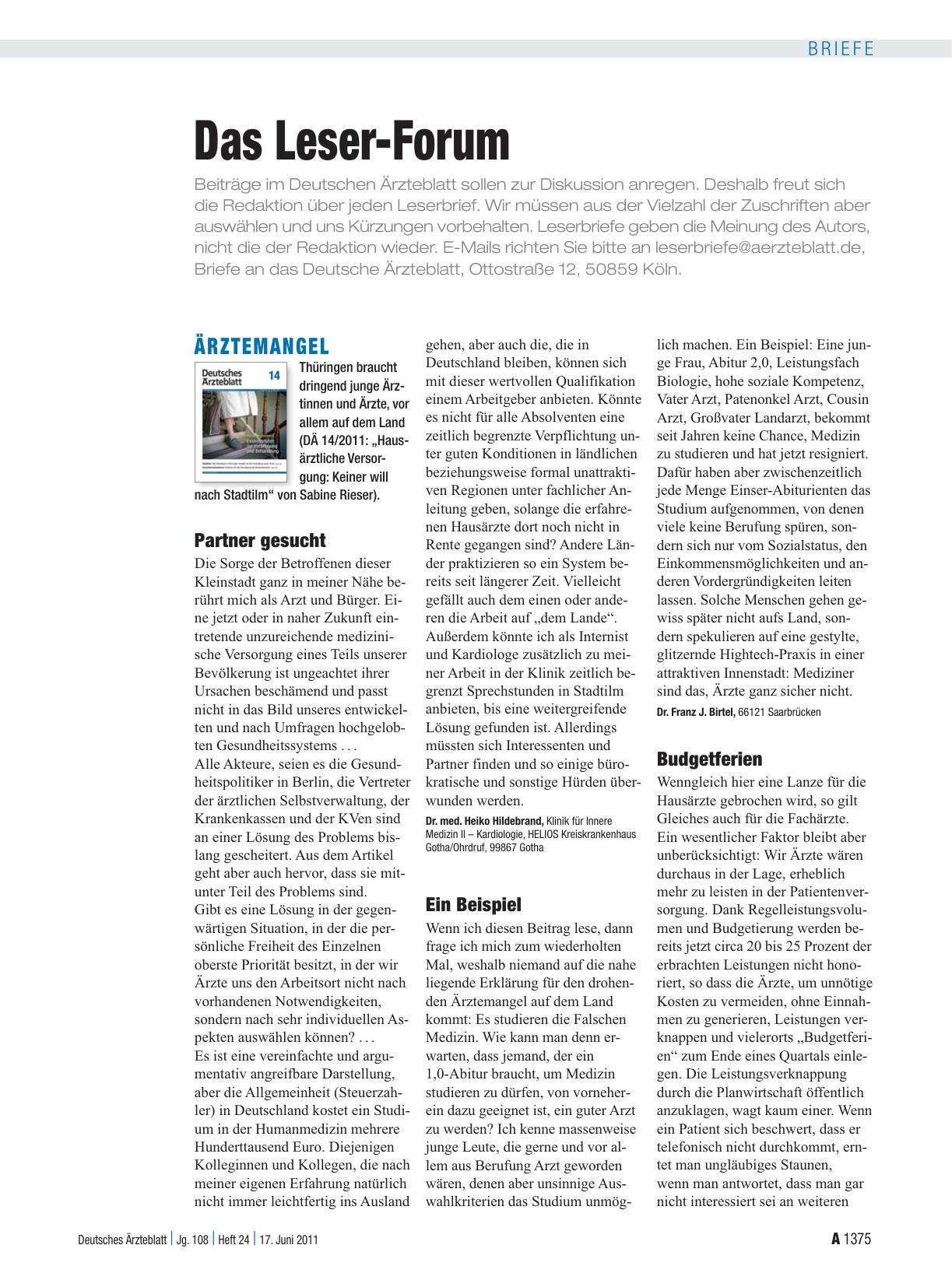 Vorschauseite 1: Ärztemangel: Budgetferien