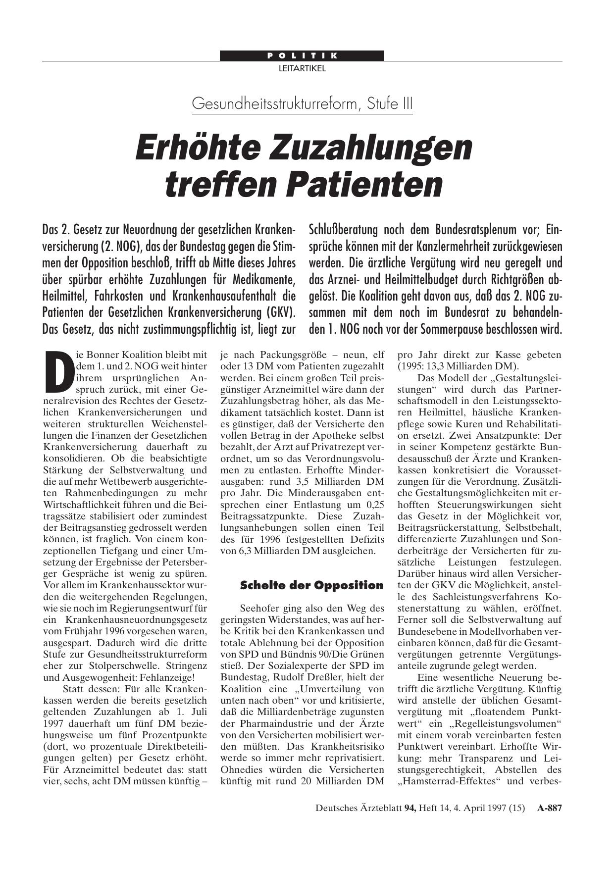 Vorschauseite 1: Gesundheitsstrukturreform, Stufe III: Erhöhte Zuzahlungen treffen Patienten