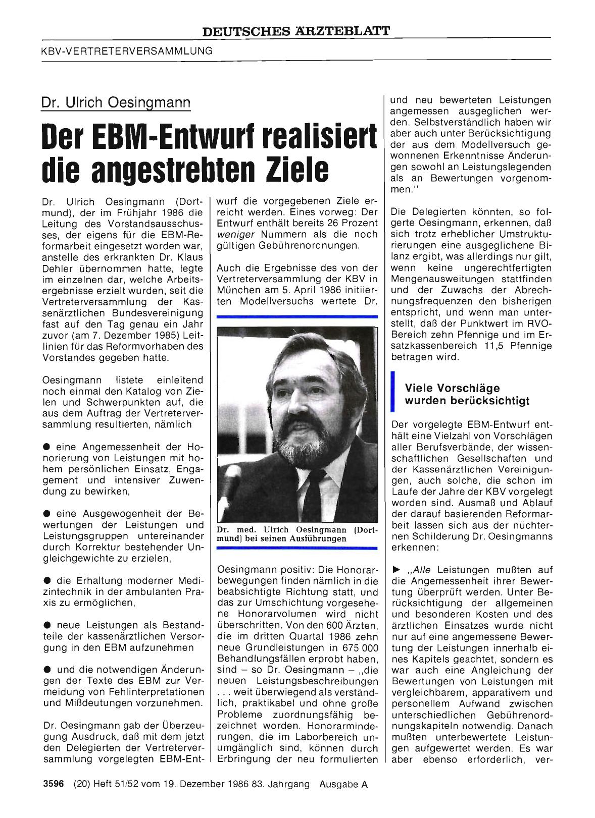 Vorschauseite 1: Dr. Ulrich Oesingmann: Der EBM-Entwurf realisiert die angestrebten Ziele