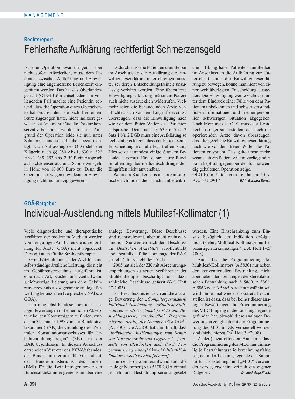 Vorschauseite 1: GOÄ-Ratgeber: Individual-Ausblendung mittels Multileaf-Kollimator (1)
