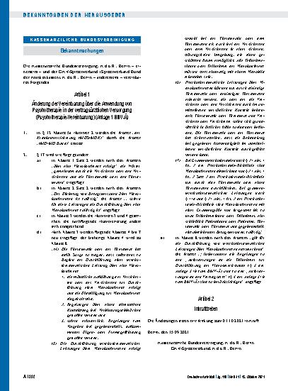 Vorschauseite 1: Änderung der Vereinbarung über die Anwendung von Psychotherapie in der vertragsärztlichen Versorgung (Psychotherapie-Vereinbarung)