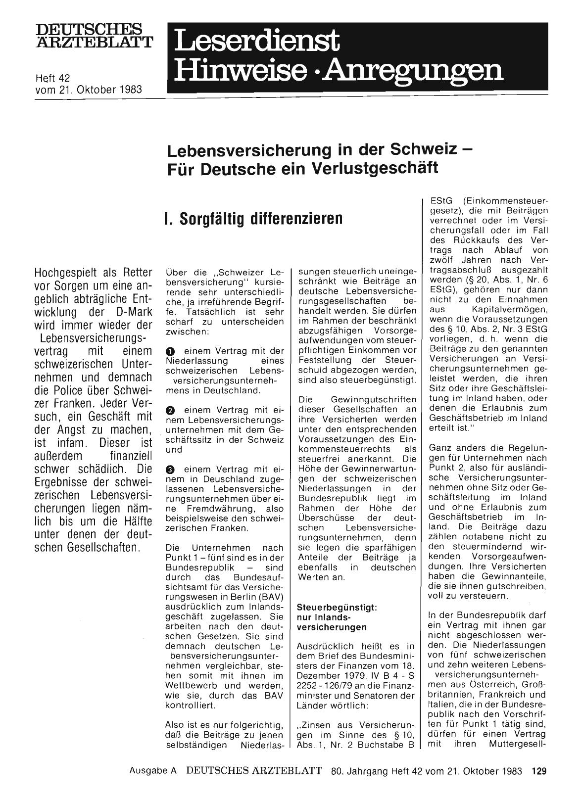 Vorschauseite 1: Lebensversicherung in der Schweiz — Für Deutsche ein Verlustgeschäft: 1. Sorgfältig differenzieren