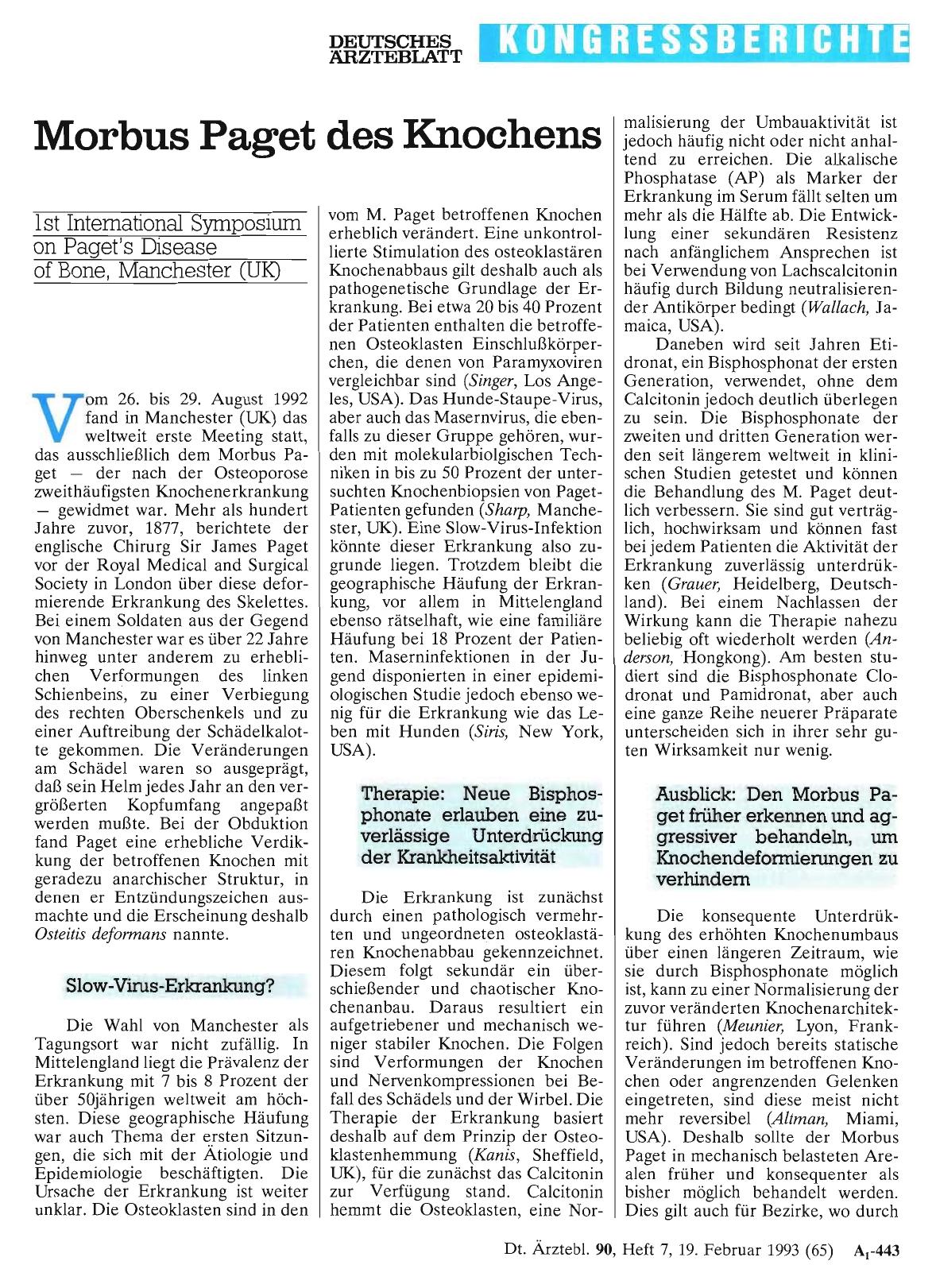 Vorschauseite 1: Morbus Paget des Knochens: lst International Symposium an Paget's Disease of Bone, Manchester (UK)