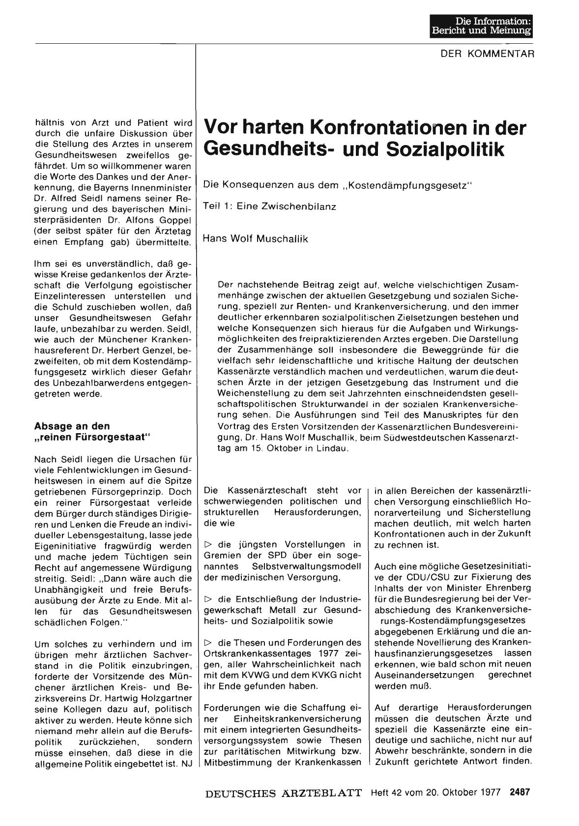 Vorschauseite 1: Vor harten Konfrontationen in der Gesundheitsund Sozialpolitik: Die Konsequenzen aus dem „Kostendämpfungsgesetz“ - Teil 1: Eine Zwischenbilanz