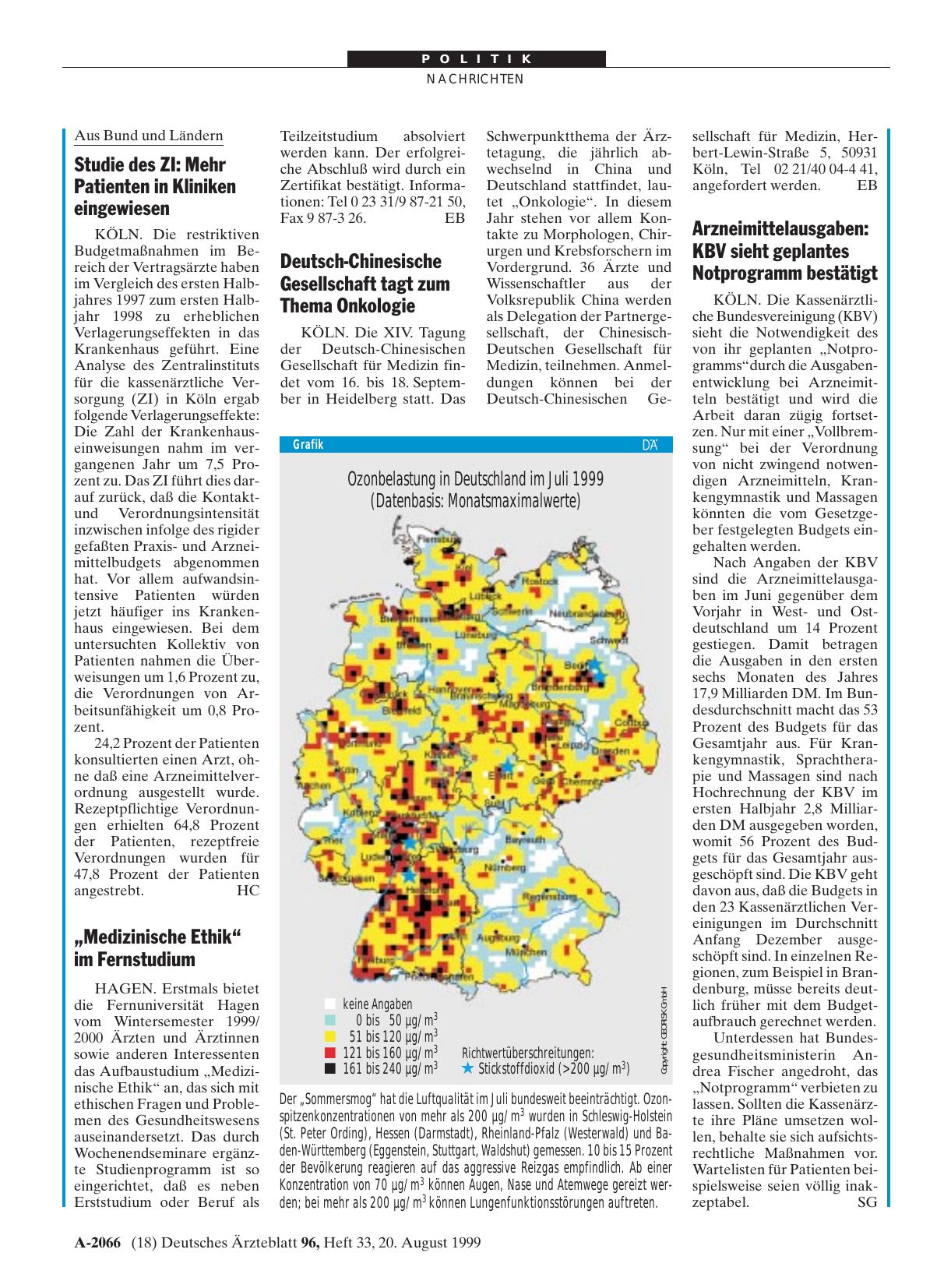 Vorschauseite 1: Ozonbelastung in Deutschland im Juli 1999: (Datenbasis: Monatsmaximalwerte)