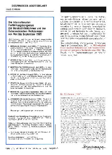 Vorschauseite 1: Die Internationalen Fortbildungskongresse der Bundesärztekammer und der Österreichischen Ärztekammer von Mai bis September 1985