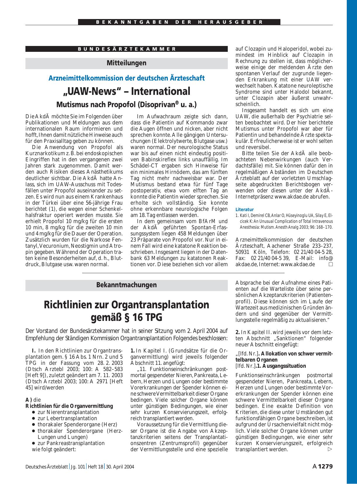 Vorschauseite 1: Bekanntmachungen: Richtlinien zur Organtransplantation gemäß § 16 TPG