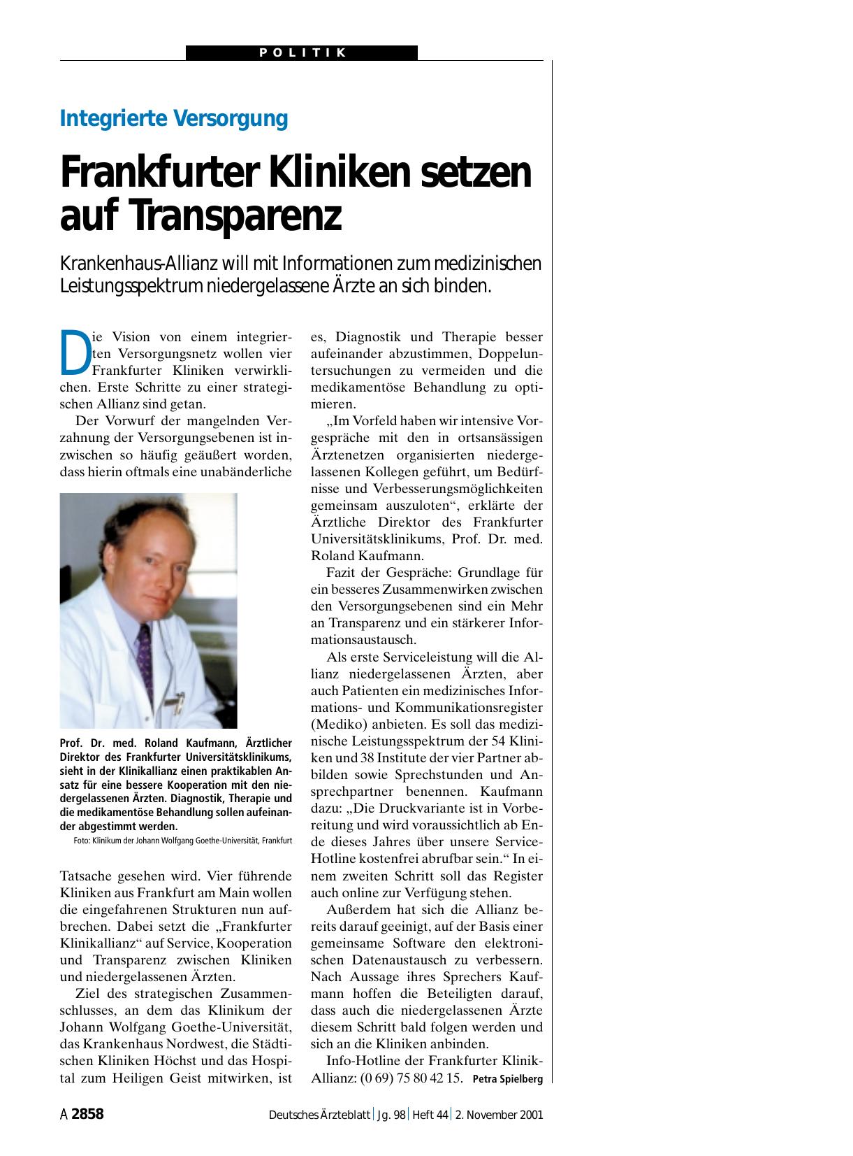 Vorschauseite 1: Integrierte Versorgung: Frankfurter Kliniken setzen auf Transparenz