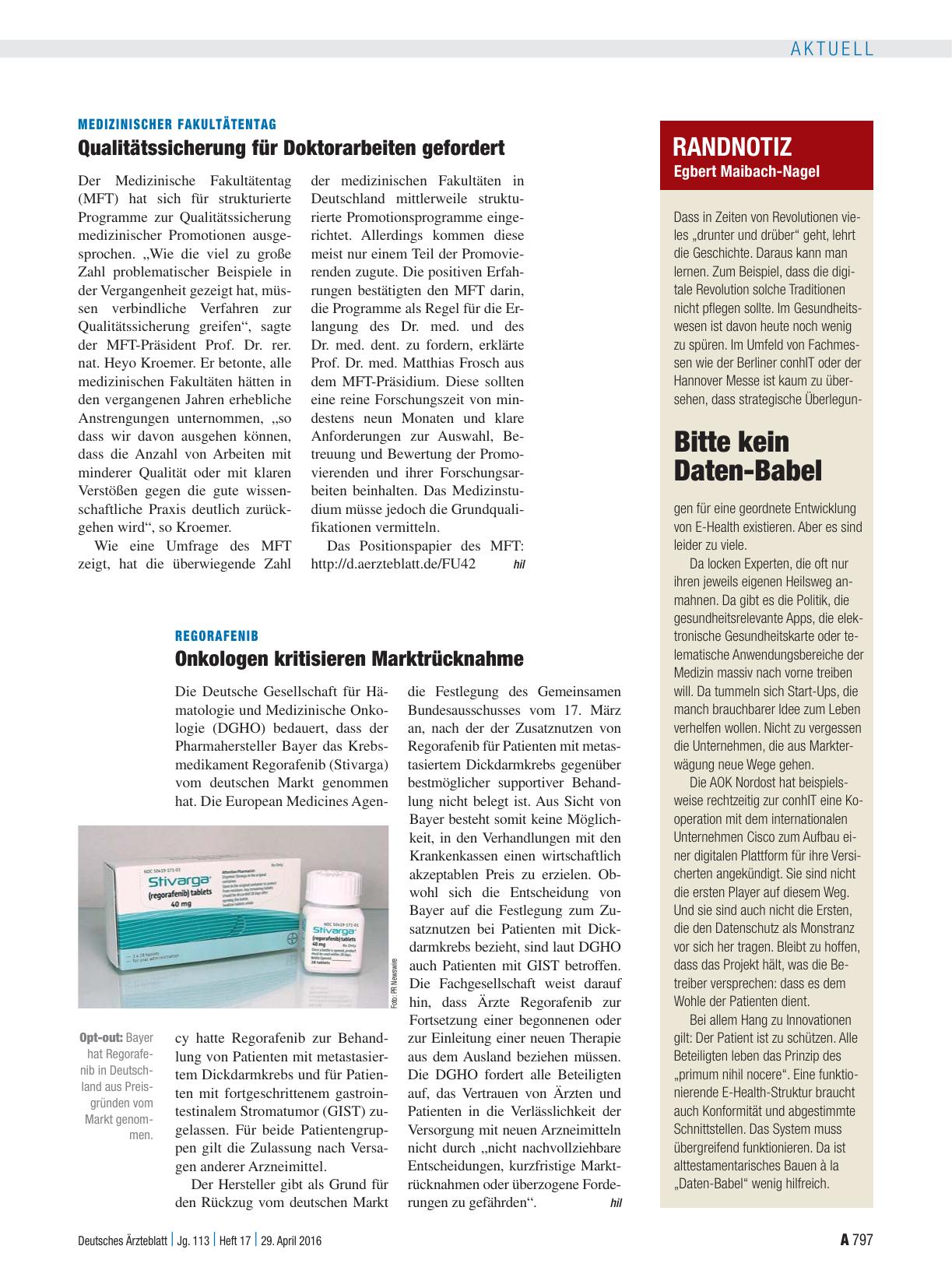 Vorschauseite 1: Regorafenib: Onkologen kritisieren Marktrücknahme