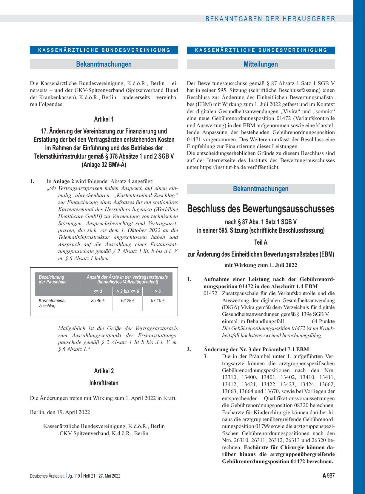 Vorschauseite 1: 17. Änderung der Vereinbarung zur Finanzierung und Erstattung der bei den Vertragsärzten entstehenden Kosten im Rahmen der Einführung und des Betriebes der Telematikinfrastruktur…