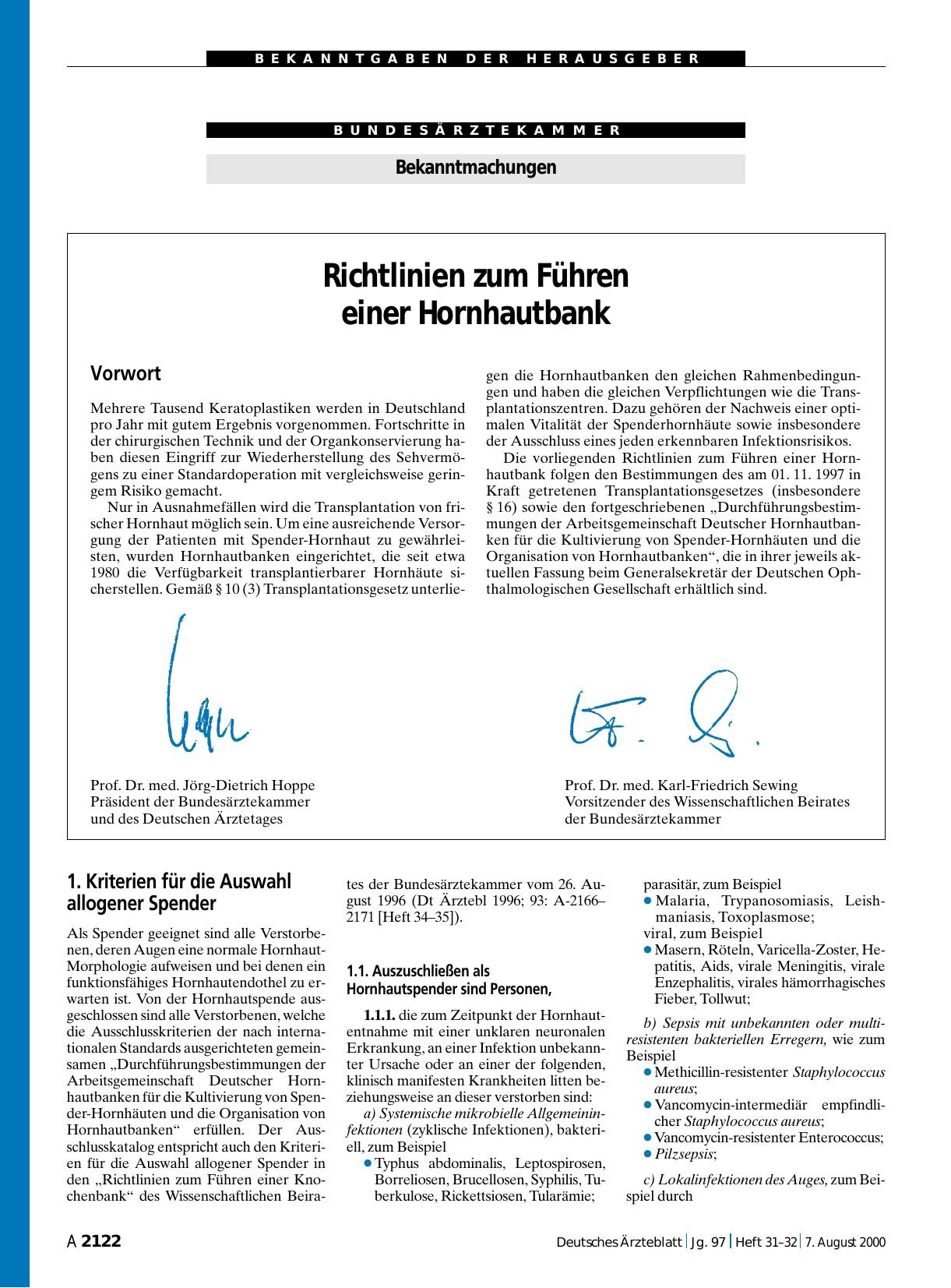 Vorschauseite 1: Richtlinien zum Führen einer Hornhautbank