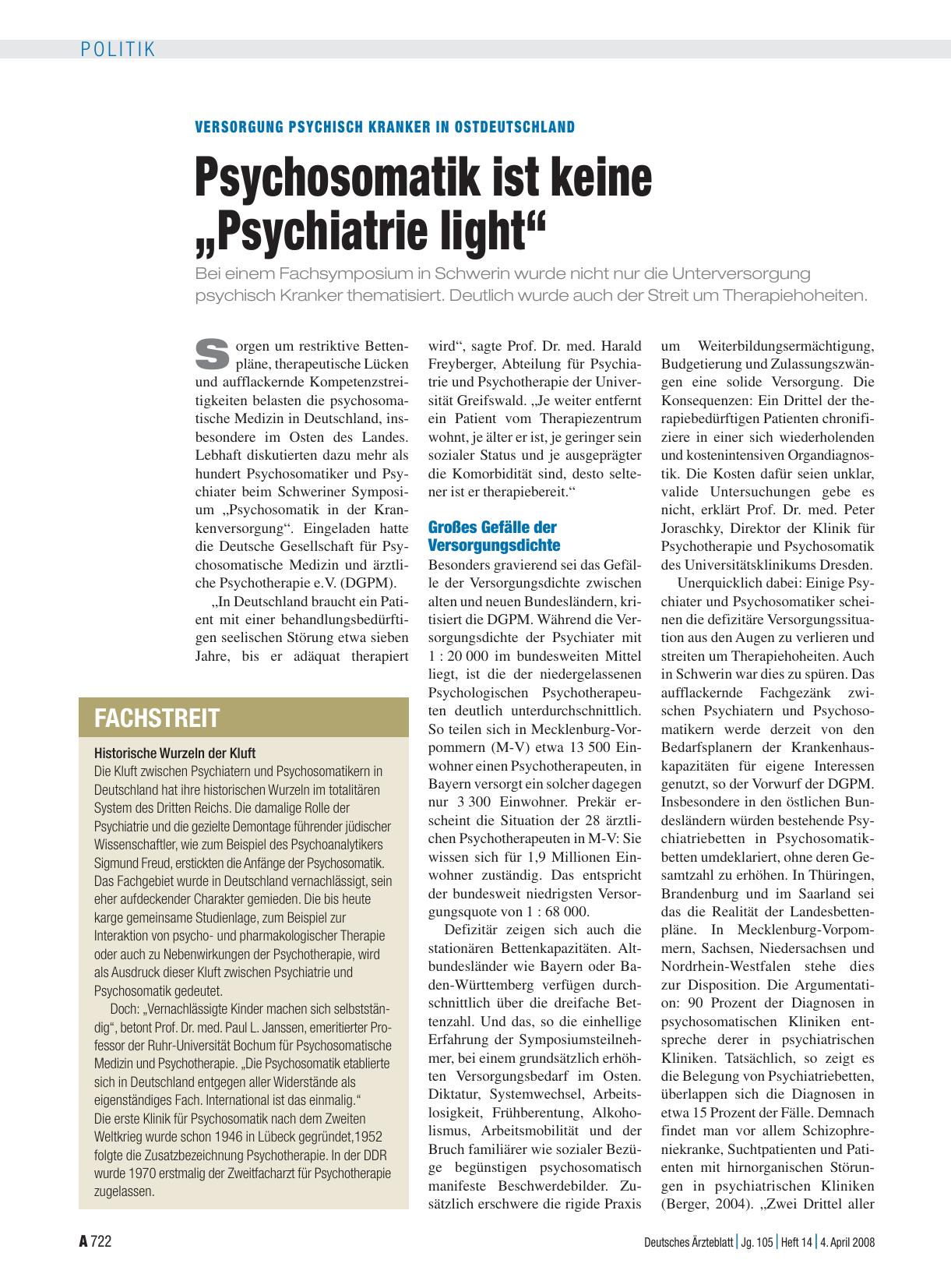 Vorschauseite 1: Versorgung psychisch Kranker in Ostdeutschland: Psychosomatik ist keine „Psychiatrie light“