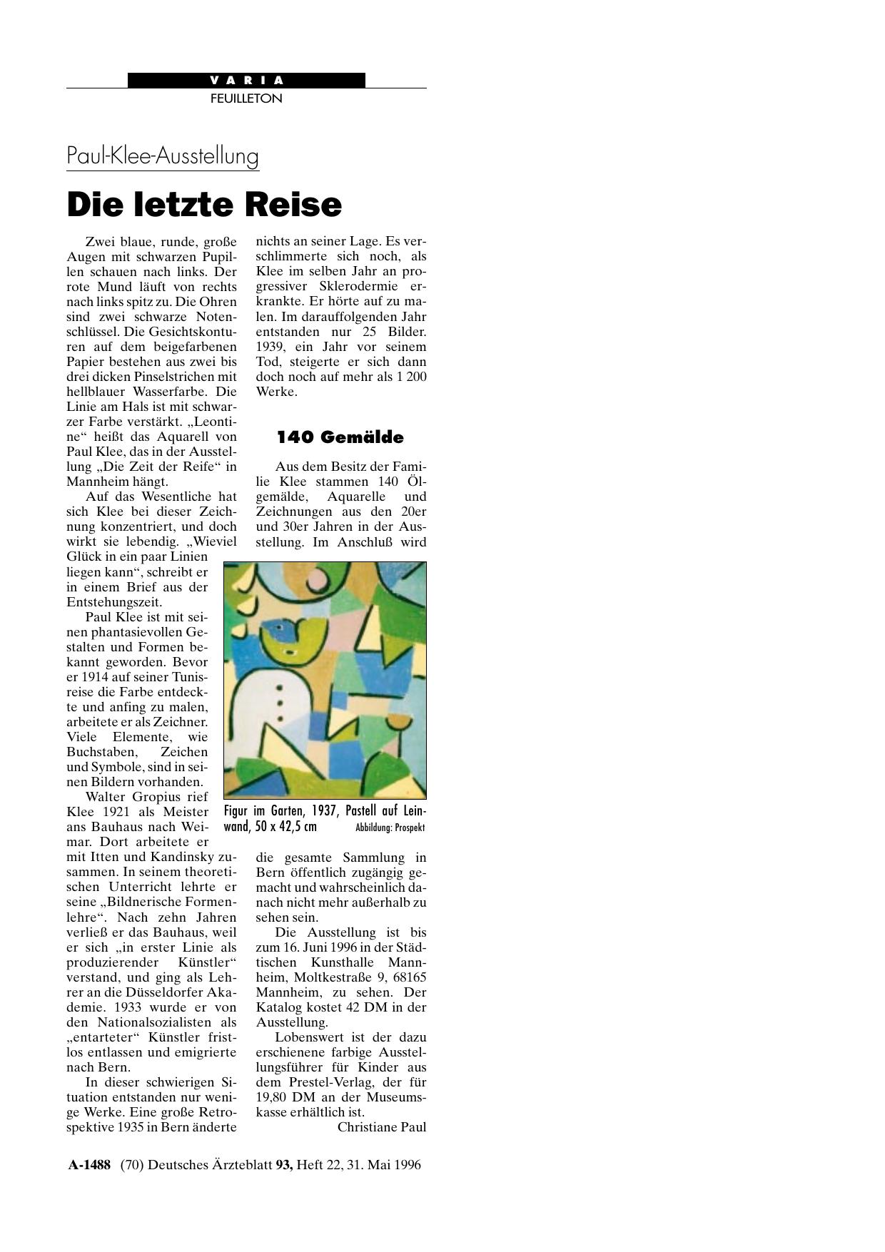 Vorschauseite 1: Paul-Klee-Ausstellung: Die letzte Reise