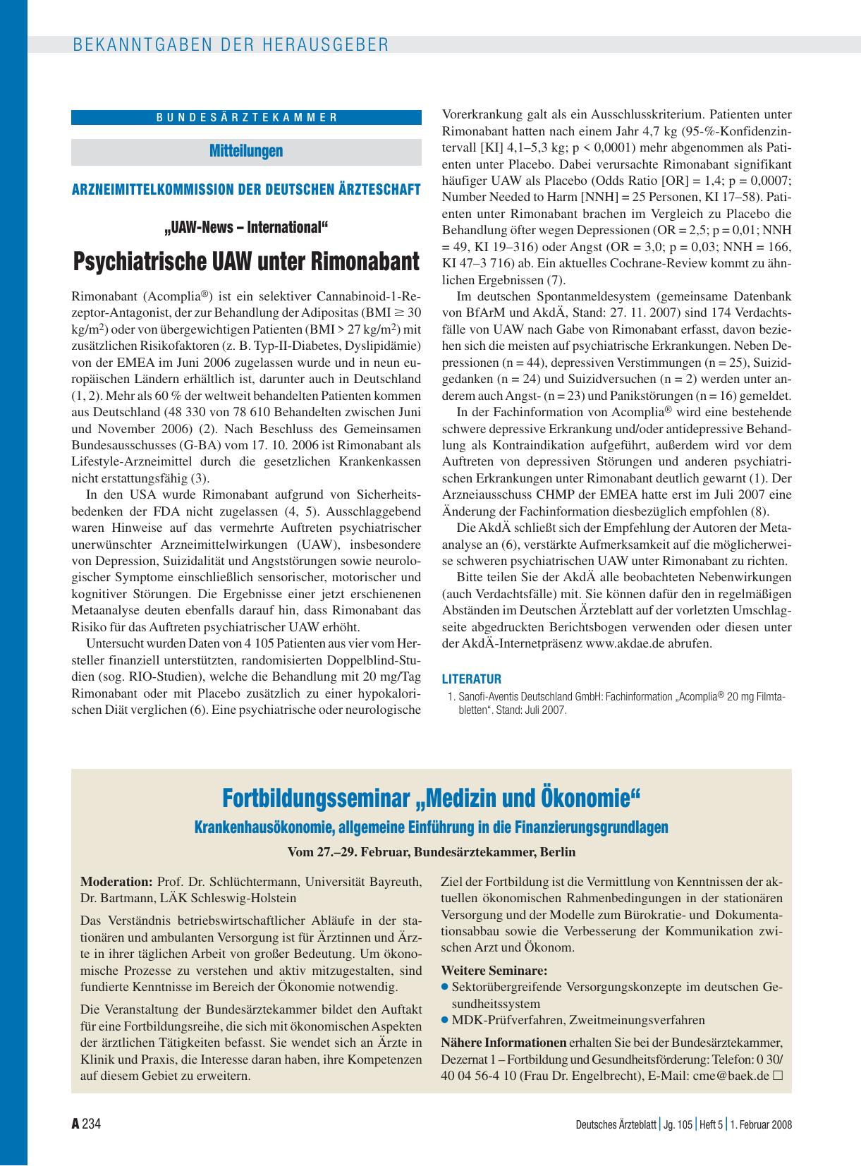 Vorschauseite 1: Arzneimittelkommission der deutschen Ärzteschaft „UAW-News – International“ Psychiatrische UAW unter Rimonabant