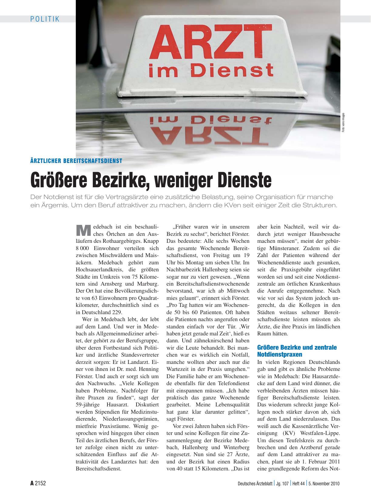 Vorschauseite 1: Ärztlicher Bereitschaftsdienst: Größere Bezirke, weniger Dienste