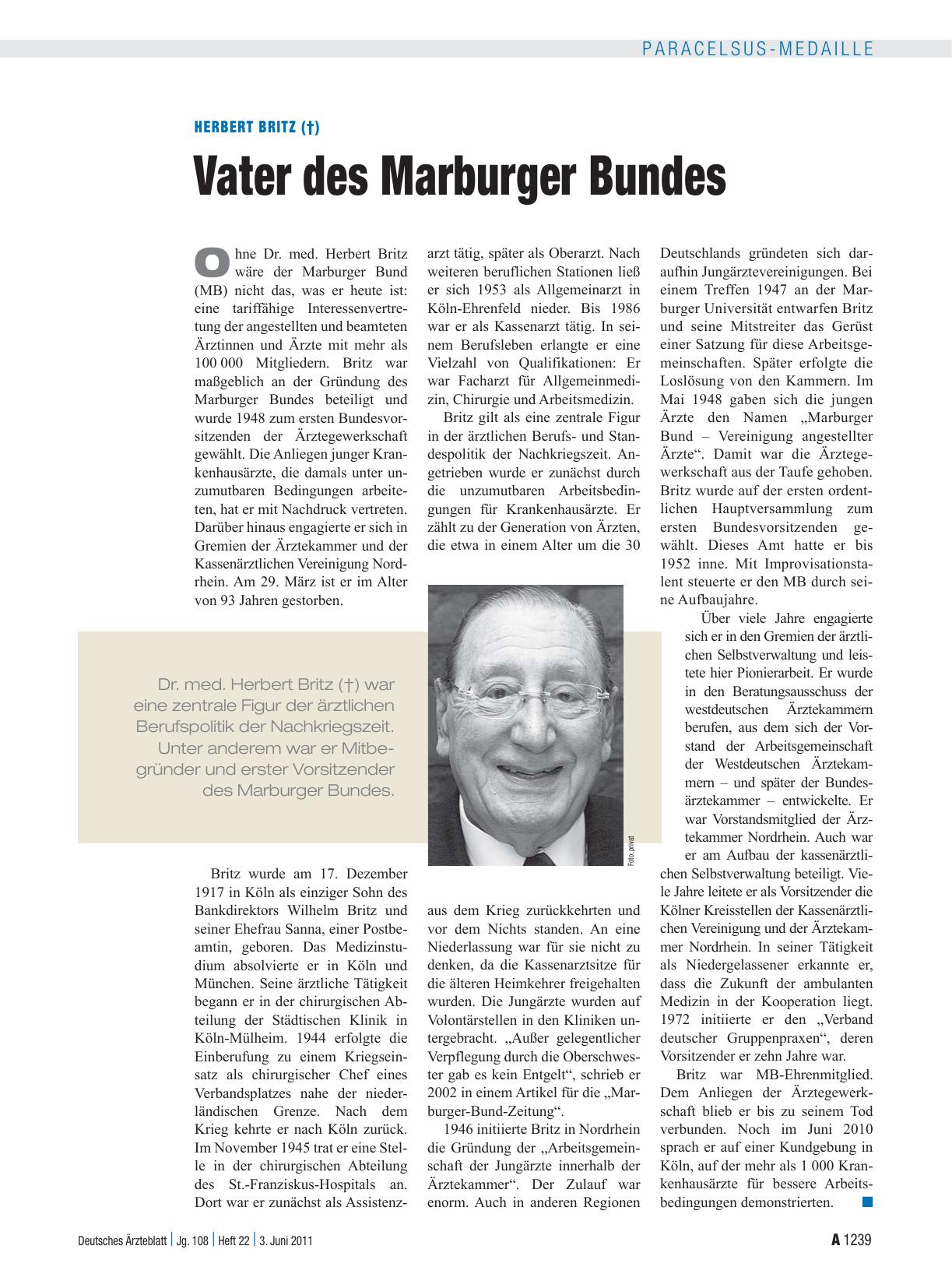 Vorschauseite 1: Herbert Britz (†): Vater des Marburger Bundes