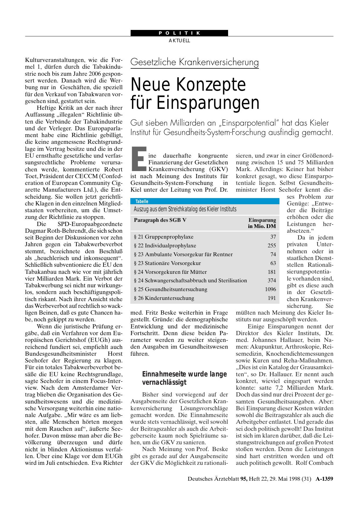 Vorschauseite 1: Gesetzliche Krankenversicherung: Neue Konzepte für Einsparungen