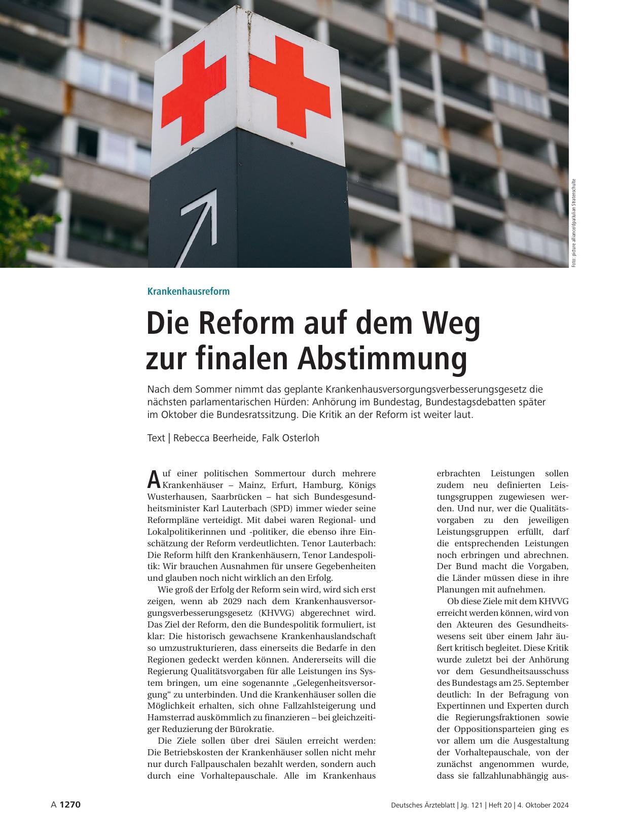 Vorschauseite 1: Krankenhausreform: Die Reform auf dem Weg zur finalen Abstimmung