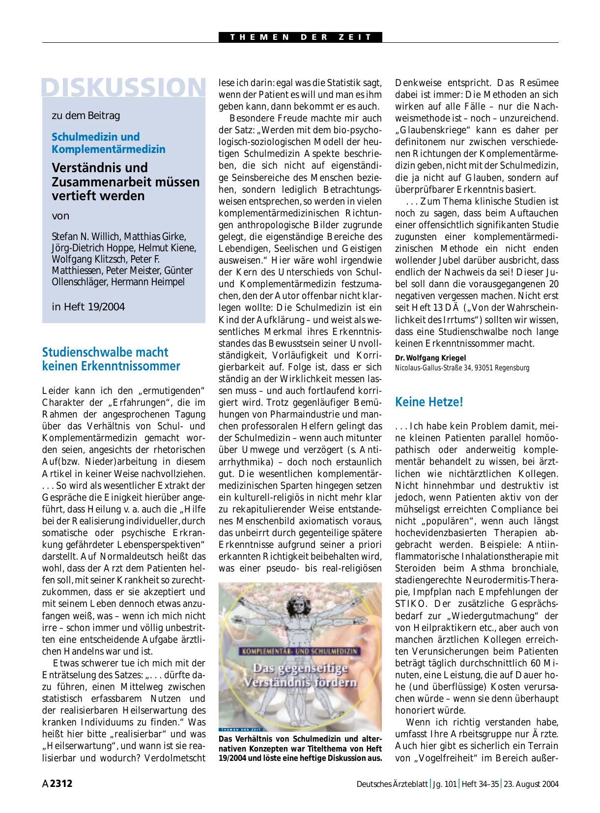 Vorschauseite 1: Schulmedizin und Komplementärmedizin – Verständnis und Zusammenarbeit müssen vertieft werden Keine Hetze!