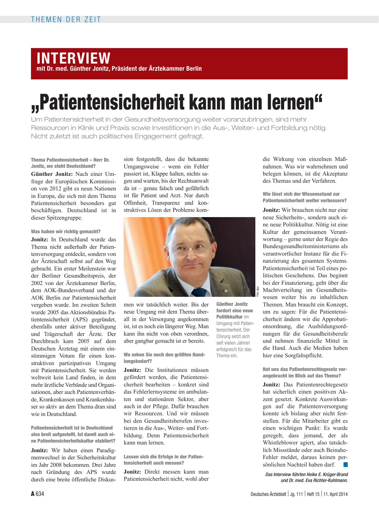 Vorschauseite 1: Interview mit Dr. med. Günther Jonitz, Präsident der Ärztekammer Berlin: „Patientensicherheit kann man lernen“