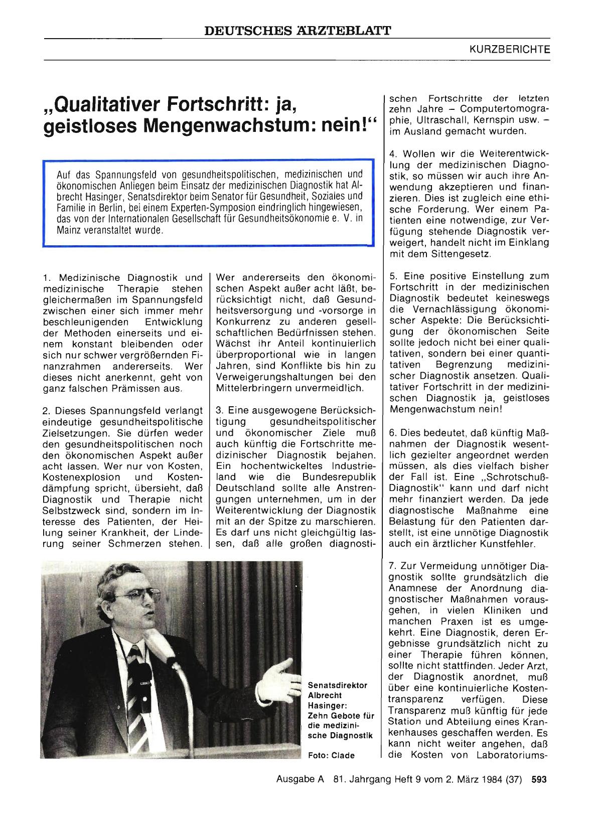 Vorschauseite 1: „Qualitativer Fortschritt: ja, geistloses Mengenwachstum: nein! “