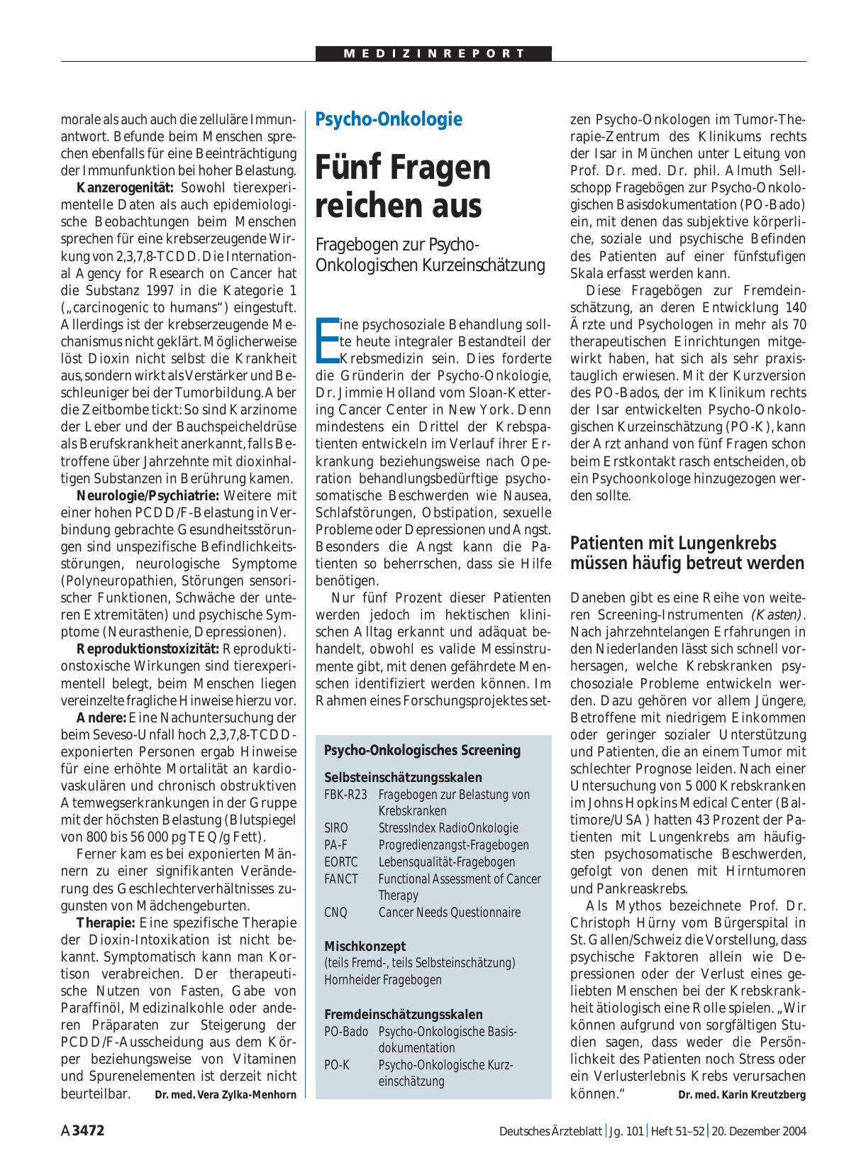 Vorschauseite 1: Psycho-Onkologie: Fünf Fragen reichen aus Fragebogen zur Psycho-Onkologischen Kurzeinschätzung