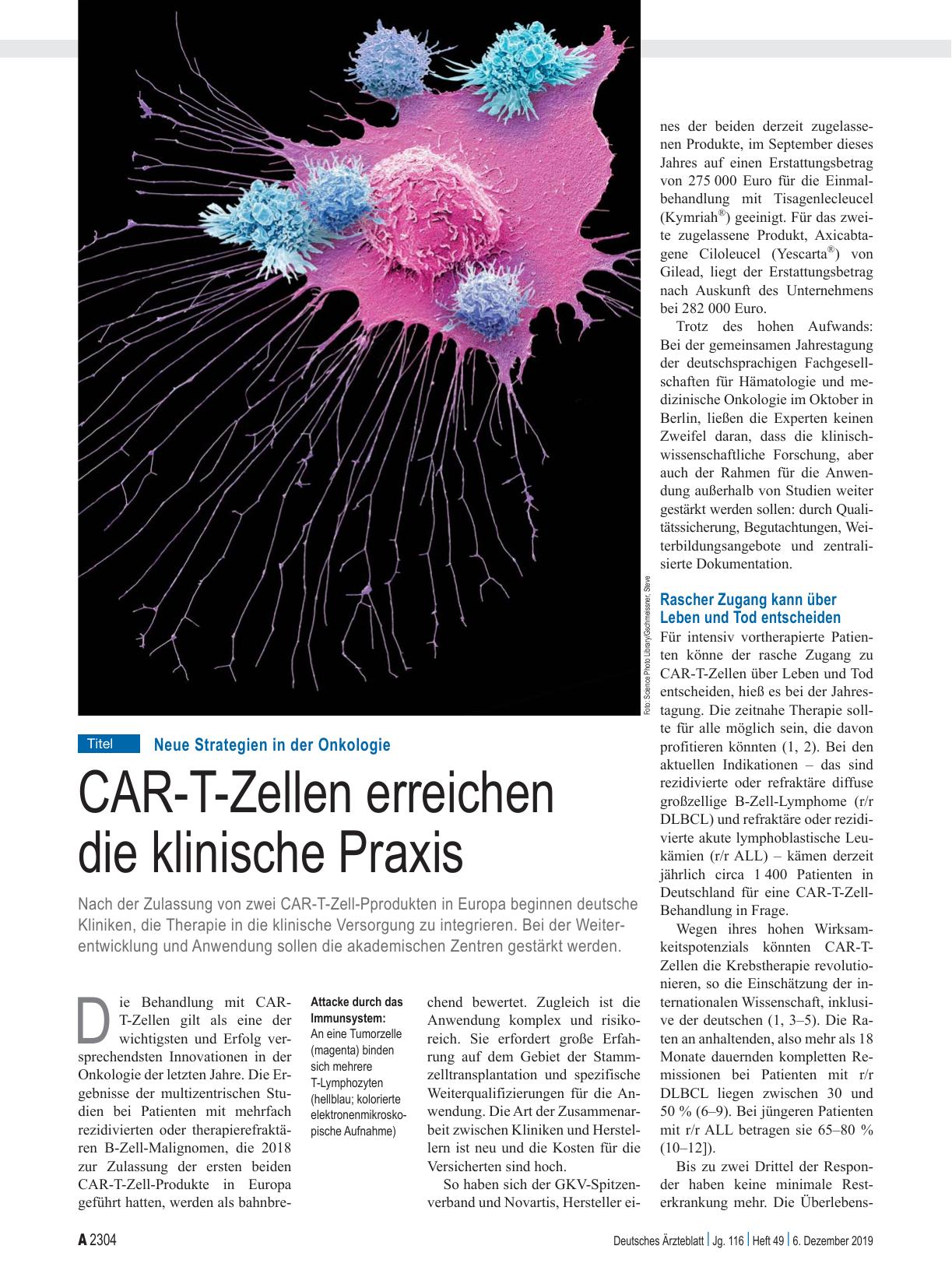Vorschauseite 1: Neue Strategien in der Onkologie: CAR-T-Zellen erreichen die klinische Praxis