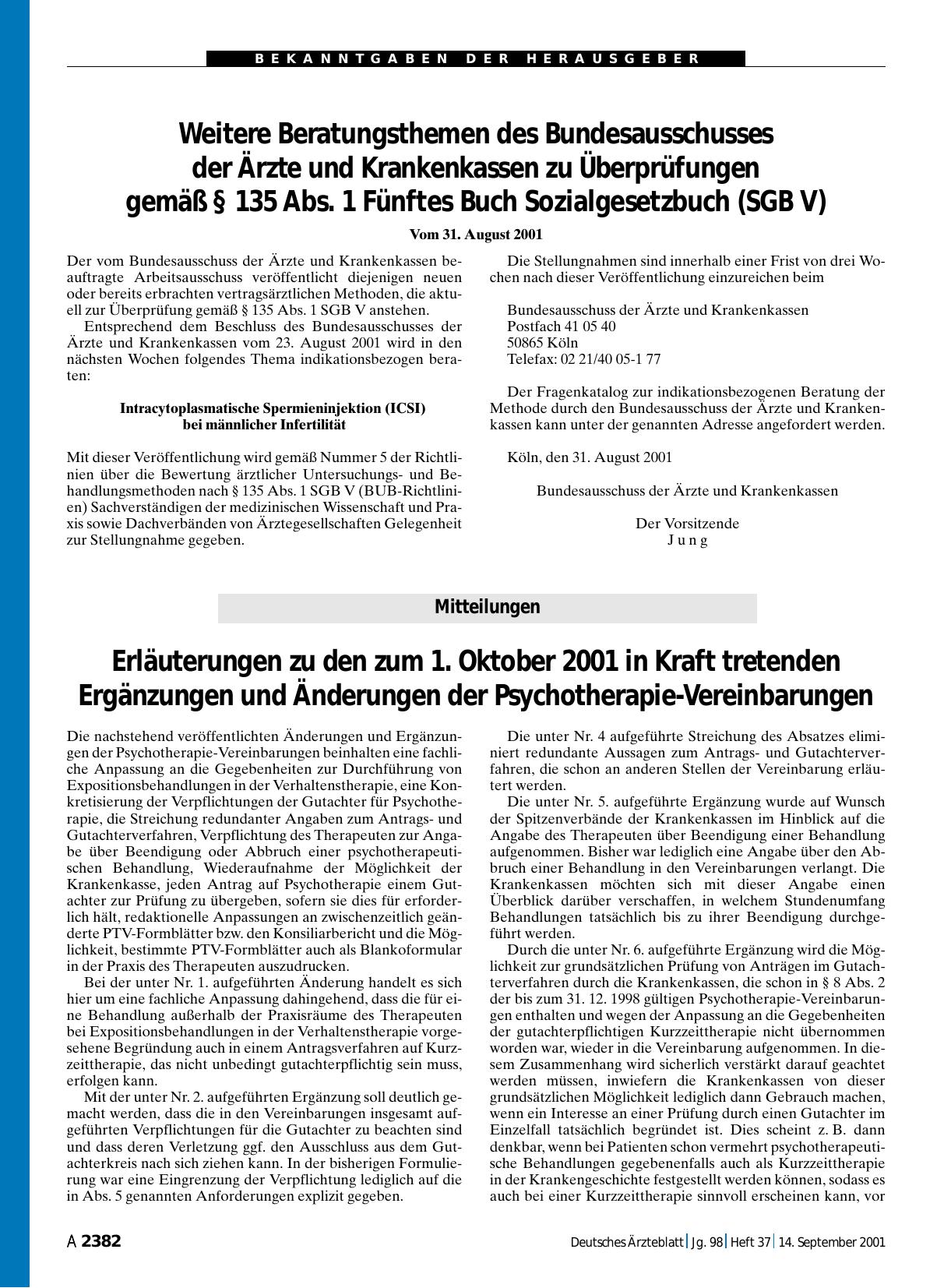 Vorschauseite 1: Weitere Beratungsthemen des Bundesausschusses der Ärzte und Krankenkassen zu Überprüfungen gemäß § 135 Abs. 1 Fünftes Buch Sozialgesetzbuch (SGB V)
