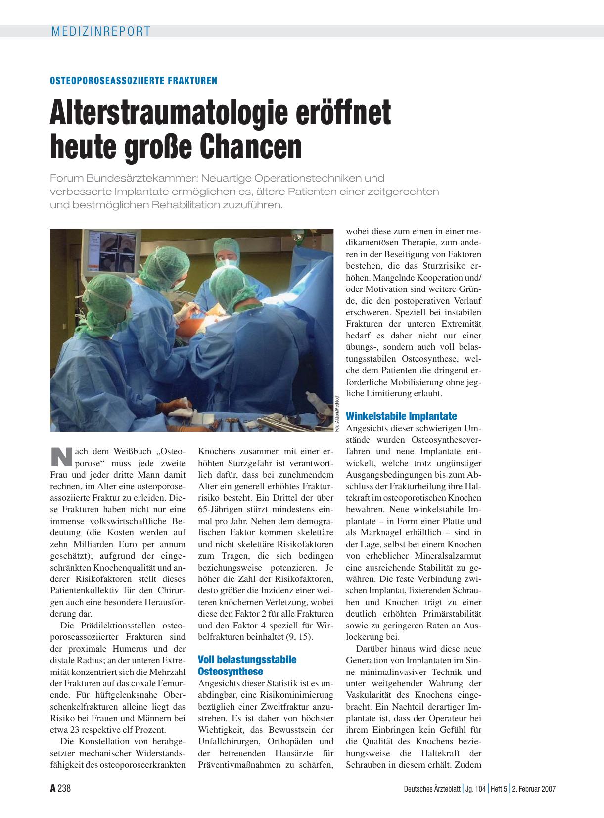 Vorschauseite 1: Osteoporoseassoziierte Frakturen: Alterstraumatologie eröffnet heute große Chancen