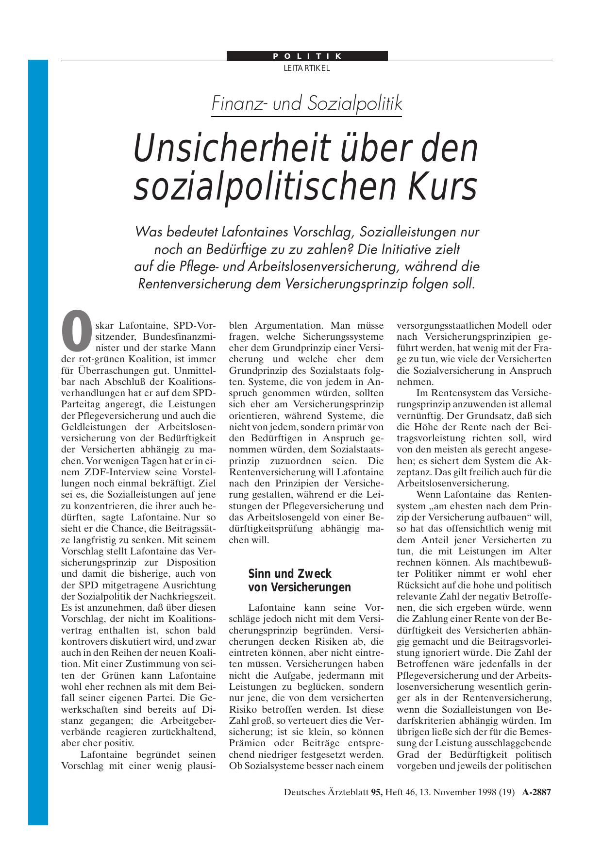 Vorschauseite 1: Finanzund Sozialpolitik: Unsicherheit über den sozialpolitischen Kurs