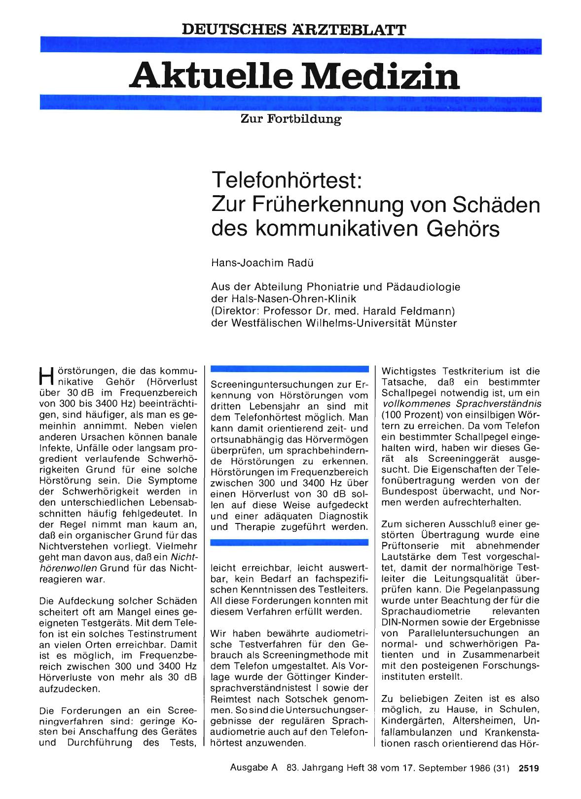 Vorschauseite 1: Telefonhörtest: Zur Früherkennung von Schäden des kommunikativen Gehörs