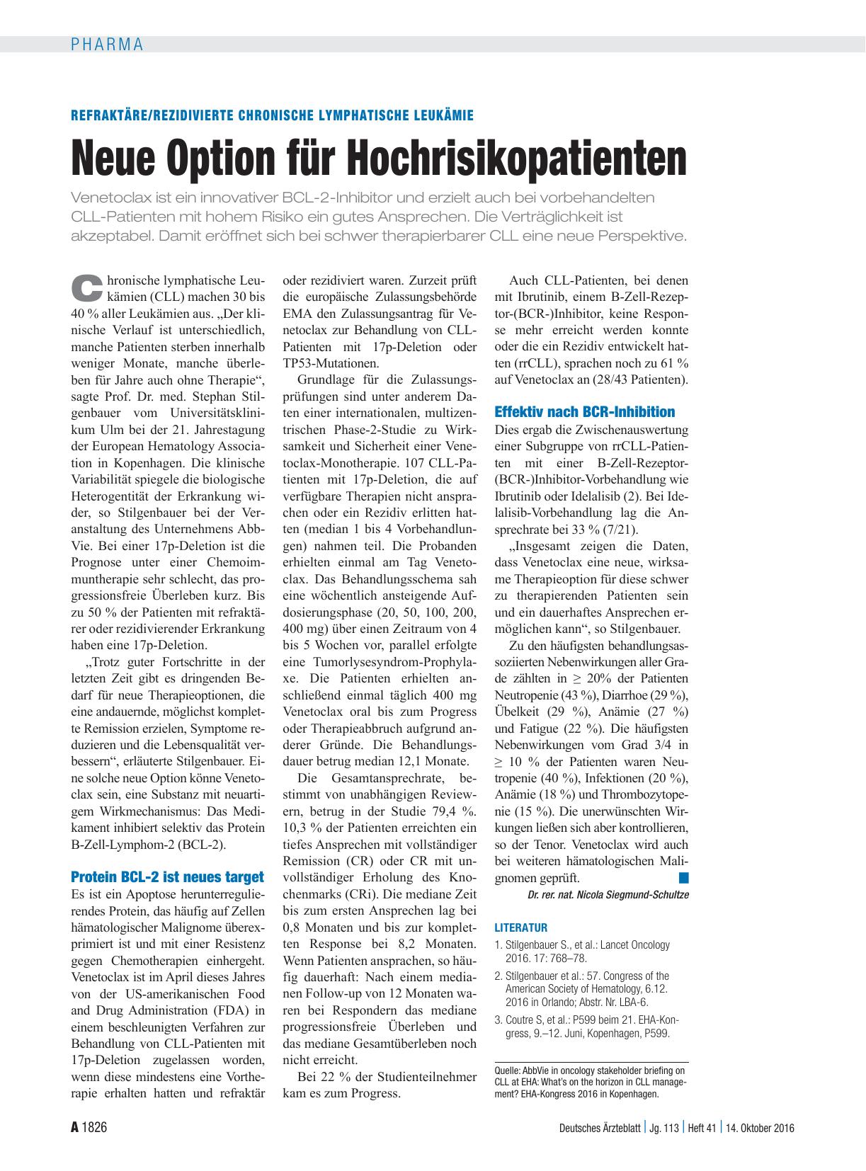 Vorschauseite 1: Refraktäre/rezidivierte chronische lymphatische Leukämie: Neue Option für Hochrisikopatienten