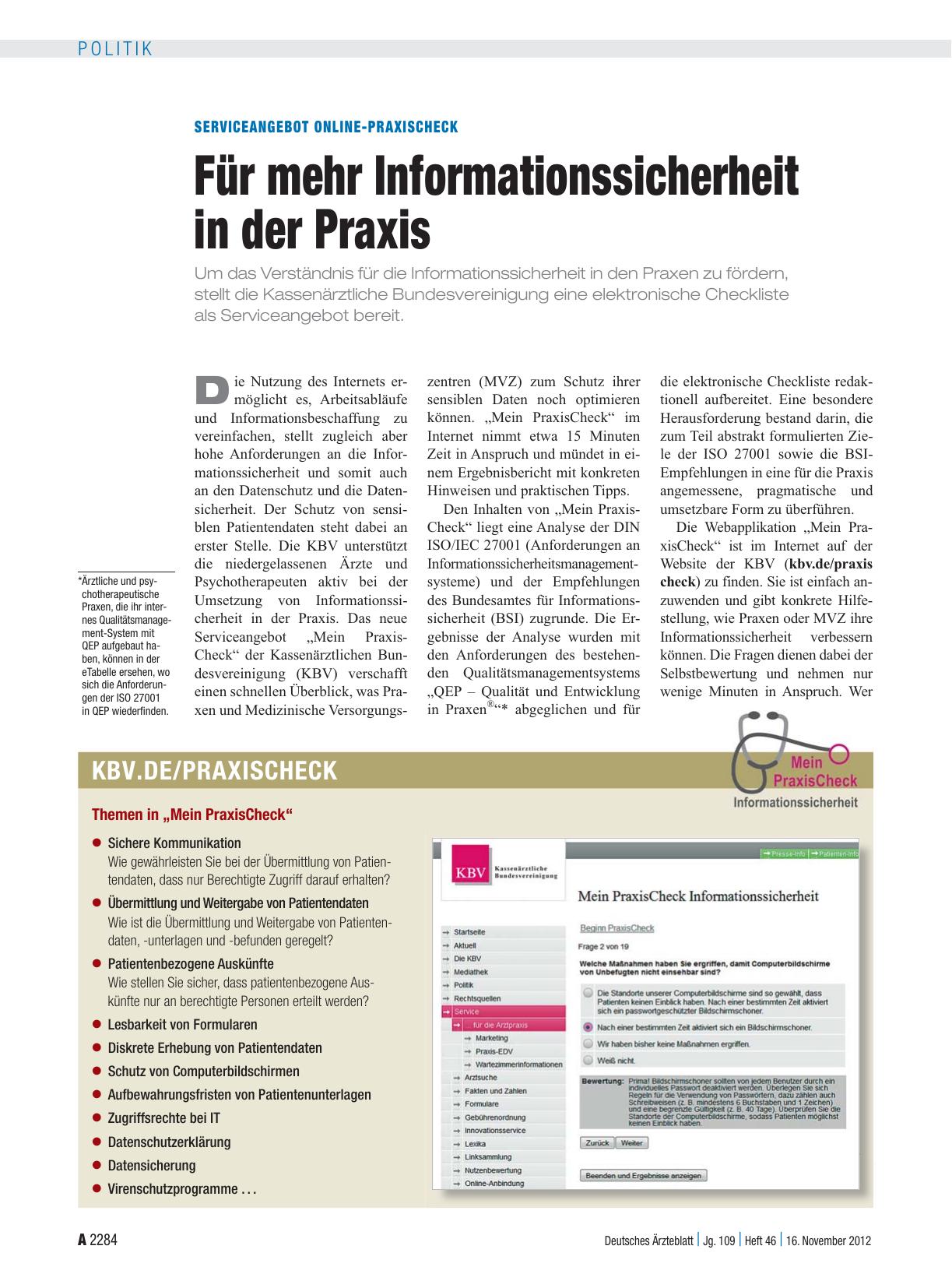 Vorschauseite 1: Serviceangebot Online-Praxischeck: Für mehr Informationssicherheit in der Praxis