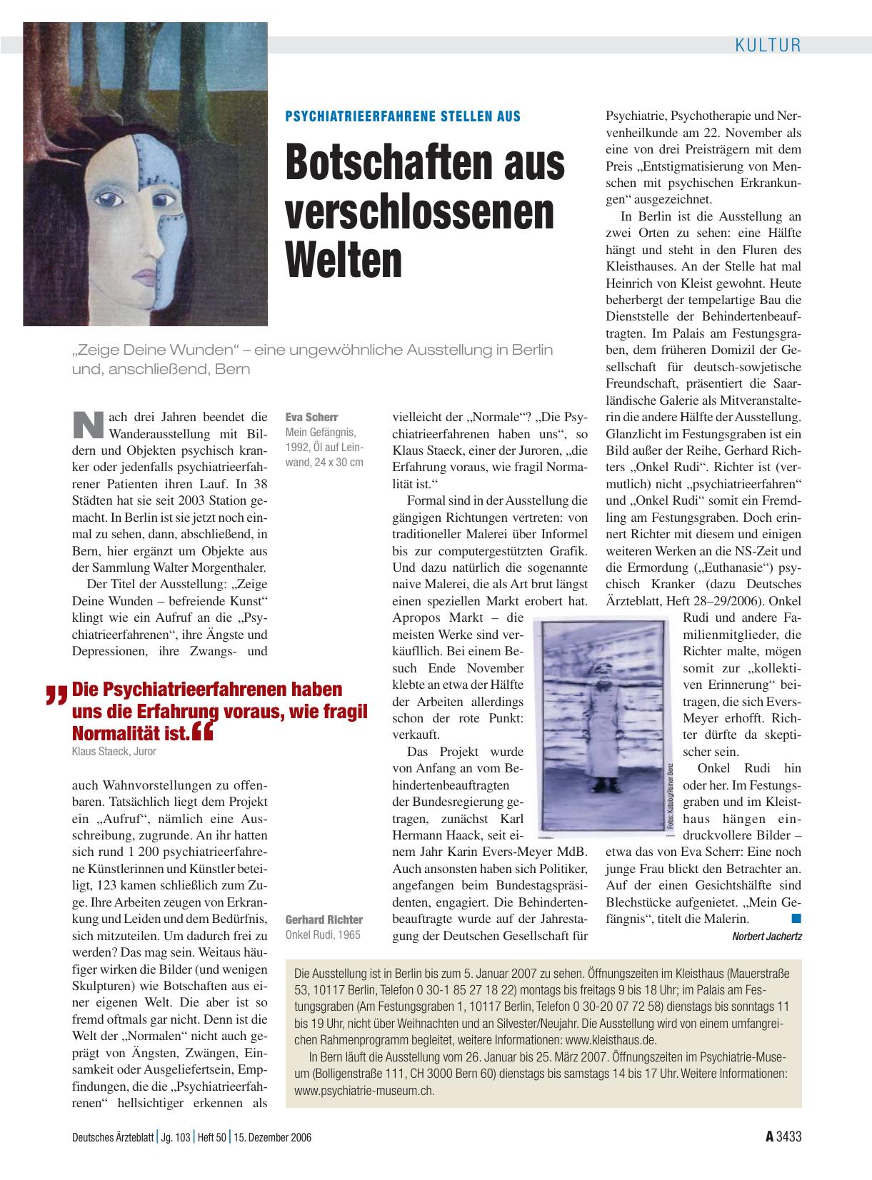 Vorschauseite 1: Psychiatrieerfahrene stellen aus: Botschaften aus verschlossenen Welten