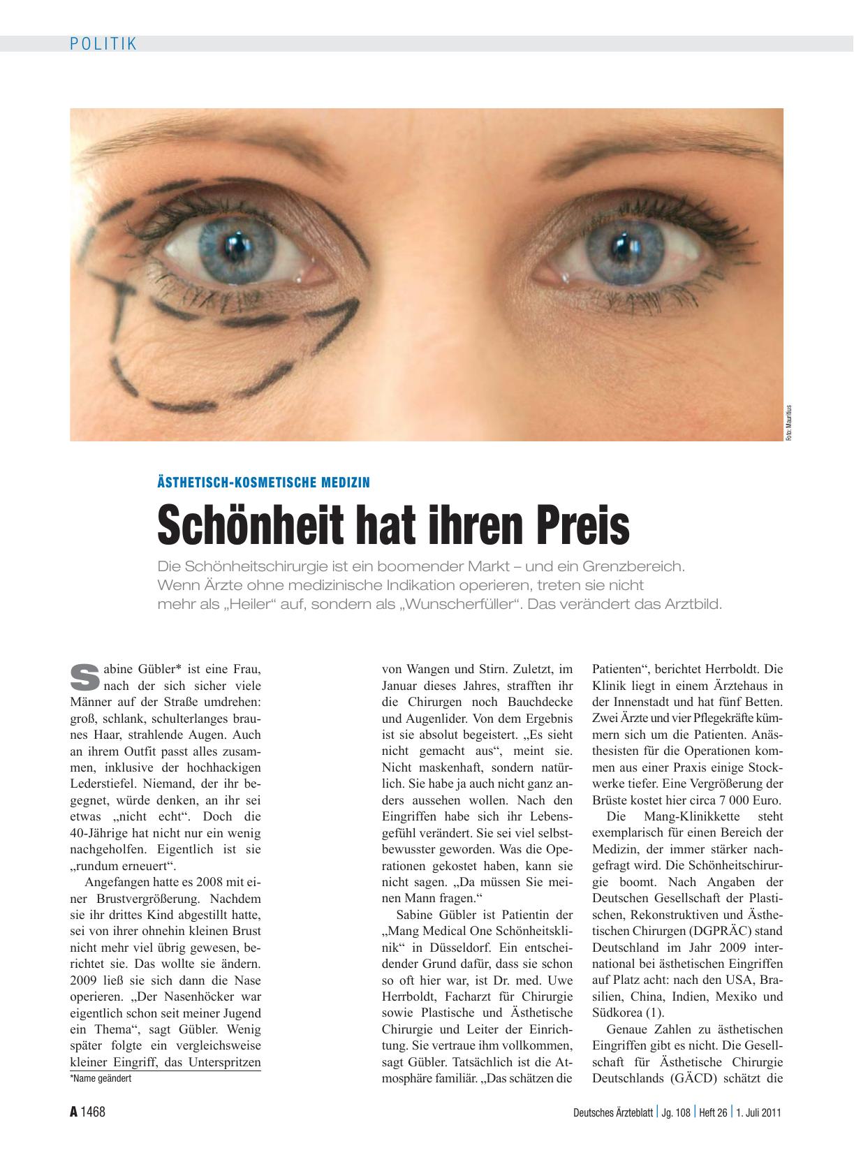 Vorschauseite 1: Ästhetisch-kosmetische Medizin: Schönheit hat ihren Preis