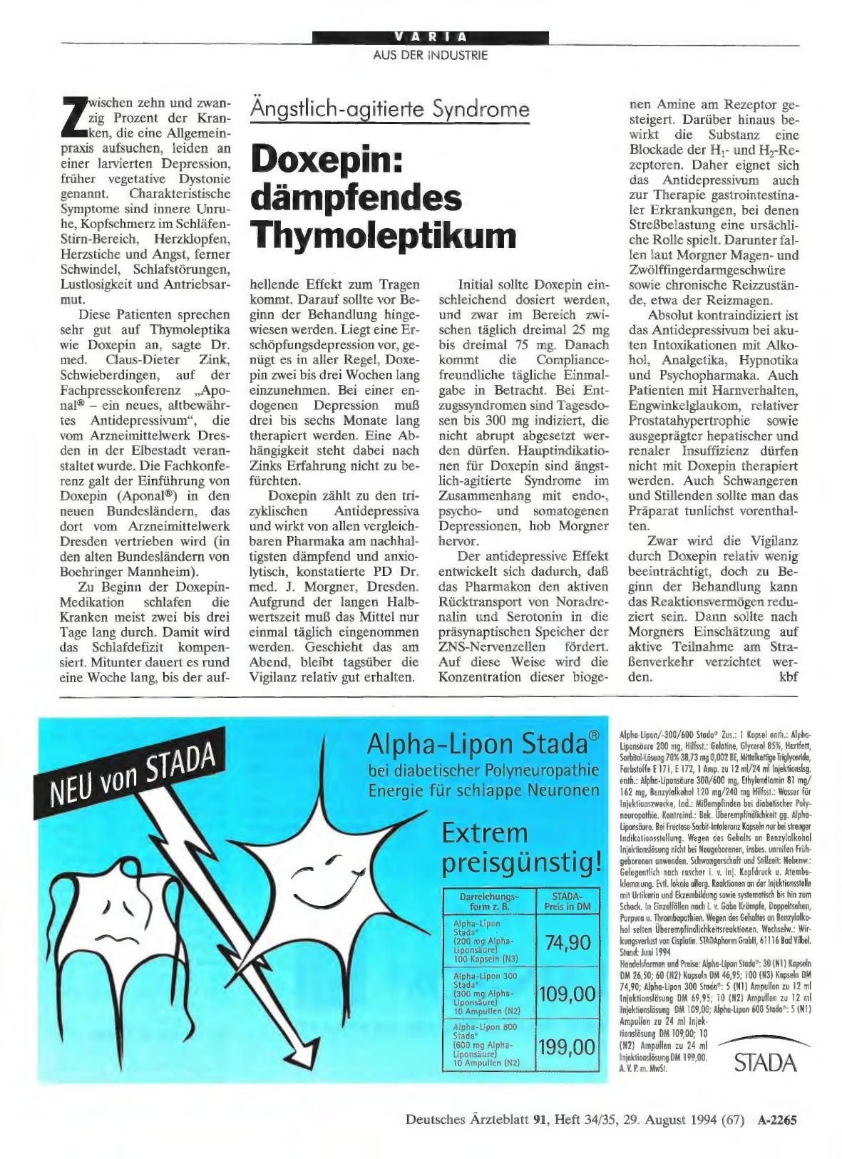 Vorschauseite 1: Ängstlich-agitierte Syndrome: Doxepin: dämpfendes Thymoleptikum