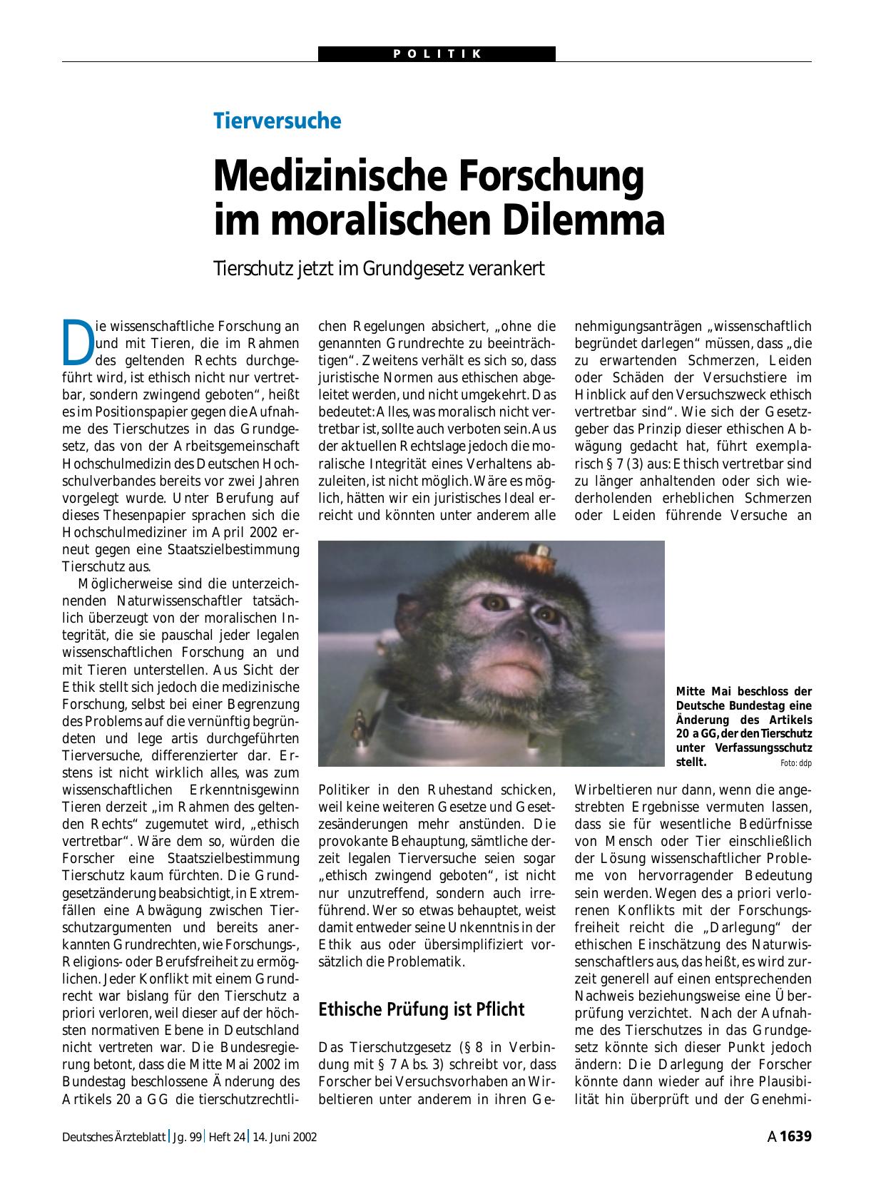 Vorschauseite 1: Tierversuche: Medizinische Forschung im moralischen Dilemma
