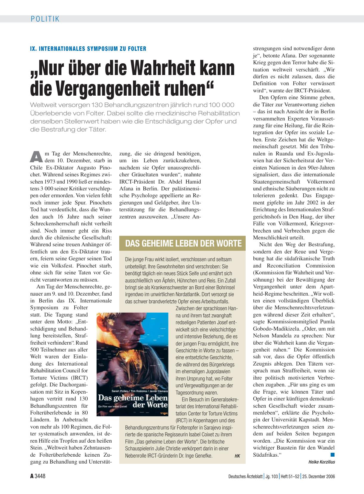 Vorschauseite 1: IX. Internationales Symposium zu Folter: „Nur über die Wahrheit kann die Vergangenheit ruhen“