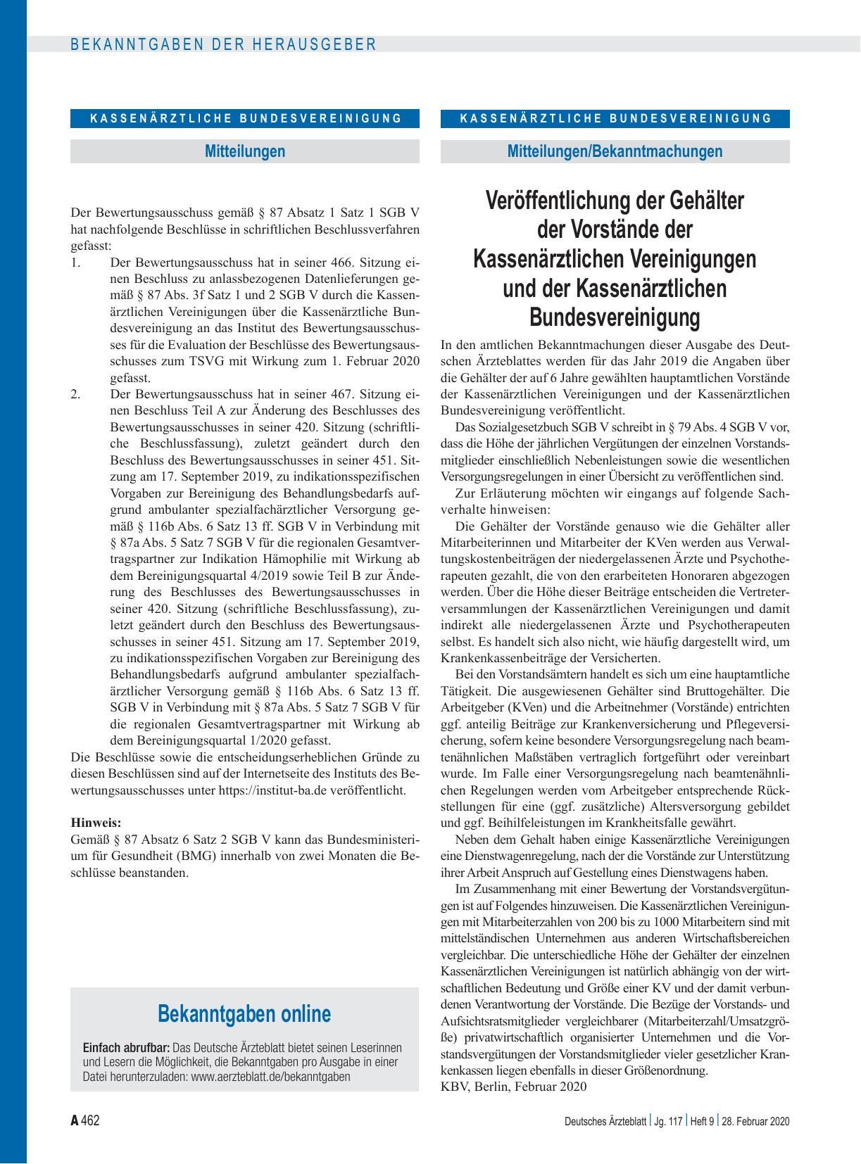 Vorschauseite 1: Veröffentlichung der Gehälter der Vorstände der Kassenärztlichen Vereinigungen und der Kassenärztlichen Bundesvereinigung