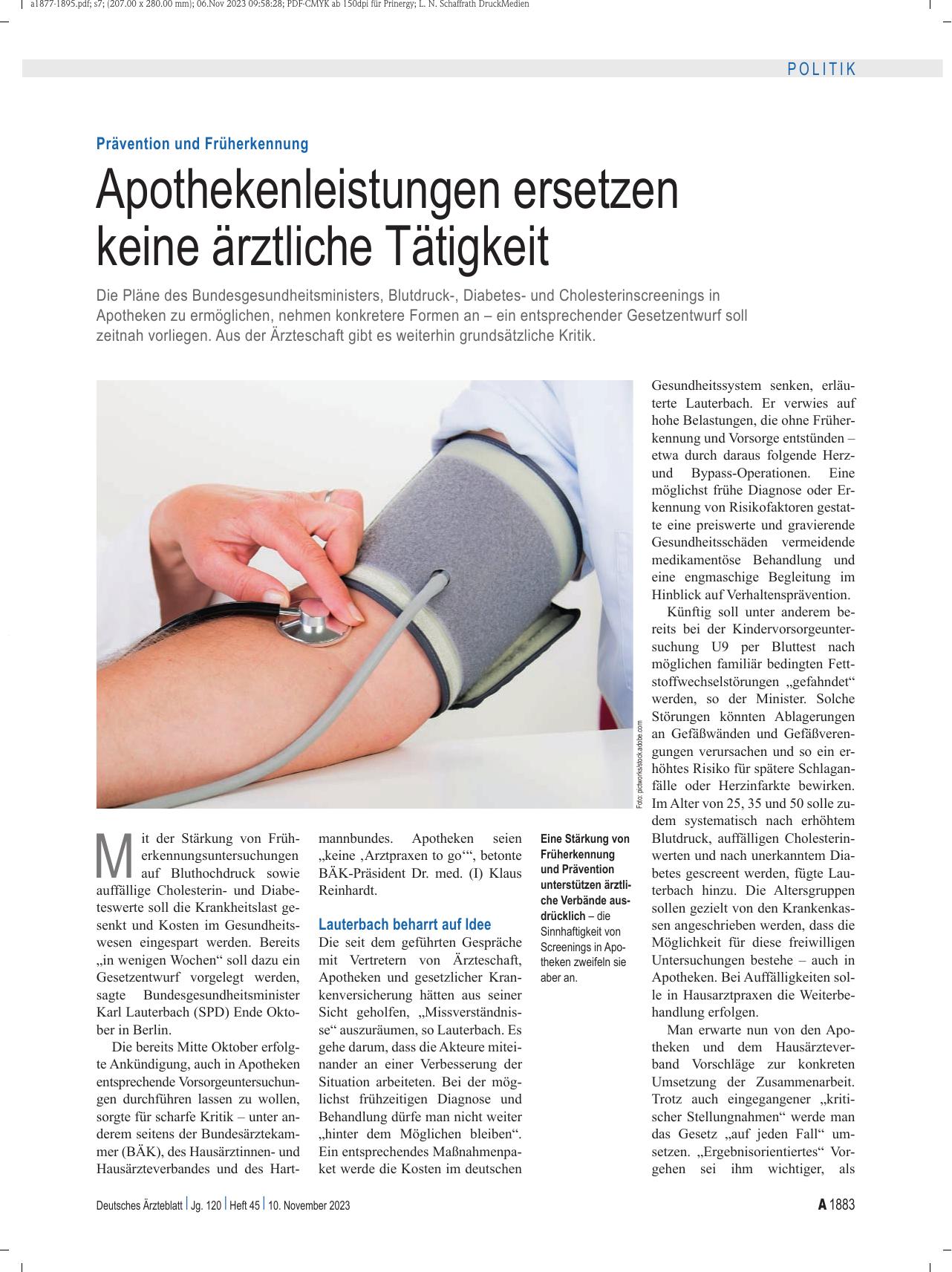 Vorschauseite 1: Prävention und Früherkennung: Apothekenleistungen ersetzen keine ärztliche Tätigkeit.