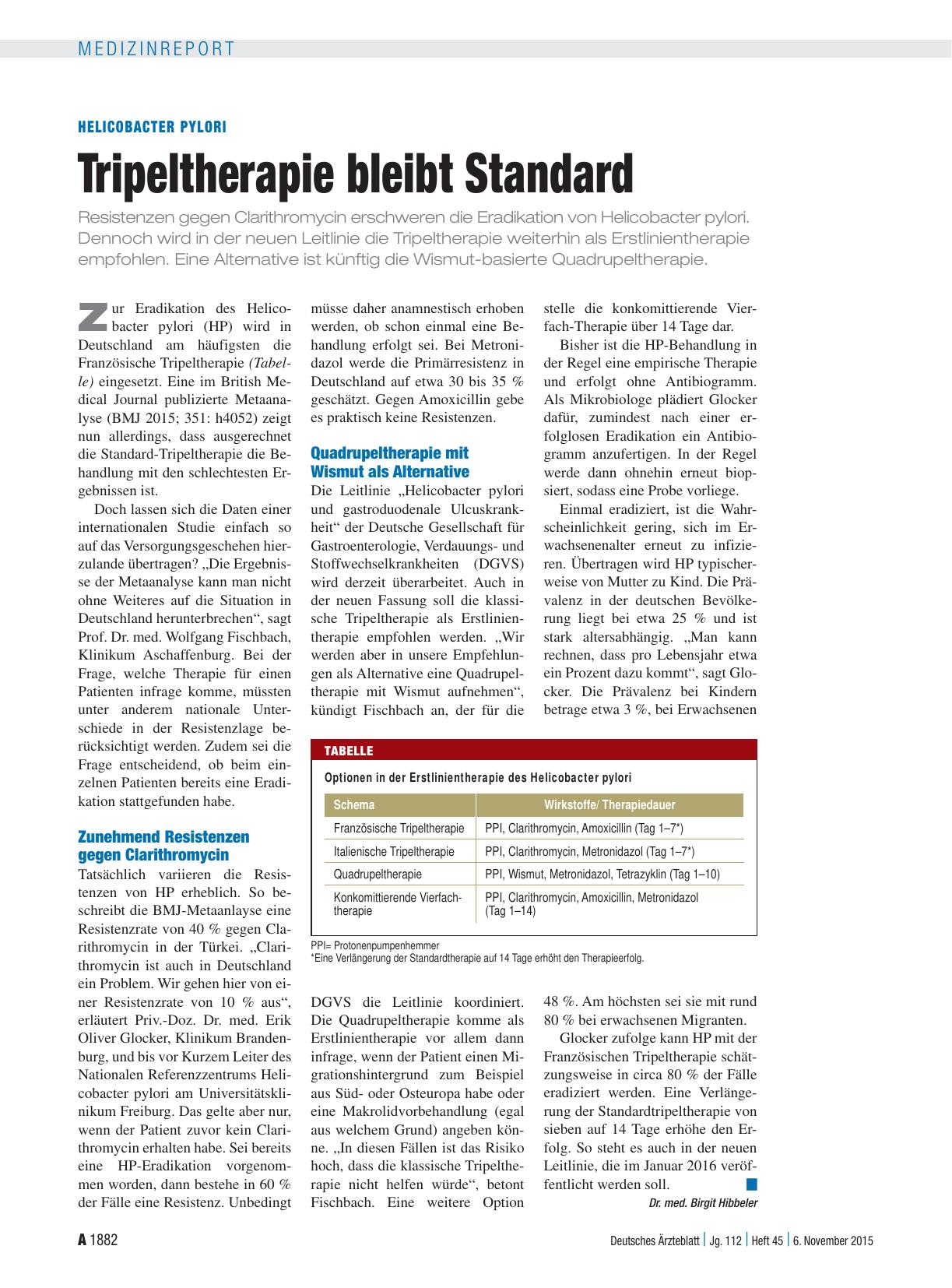 Vorschauseite 1: Helicobacter pylori: Tripeltherapie bleibt Standard