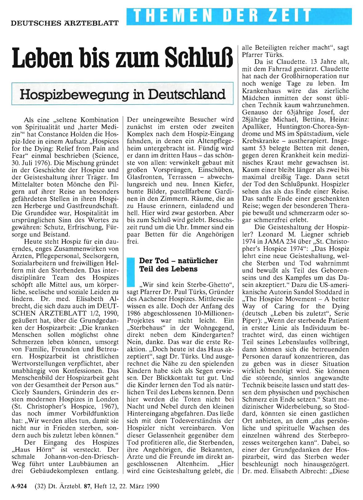 Vorschauseite 1: Leben bis zum Schluß: Hospizbewegung in Deutschland
