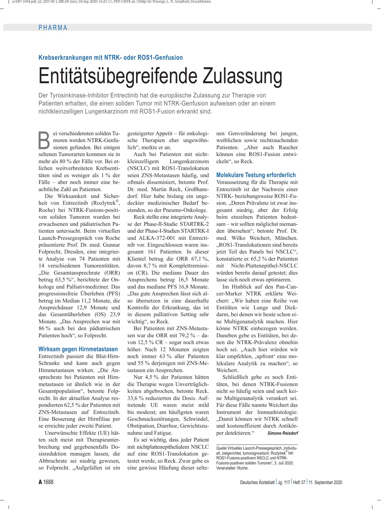 Vorschauseite 1: Krebserkrankungen mit NTRKoder ROS1-Genfusion: Entitätsübegreifende Zulassung