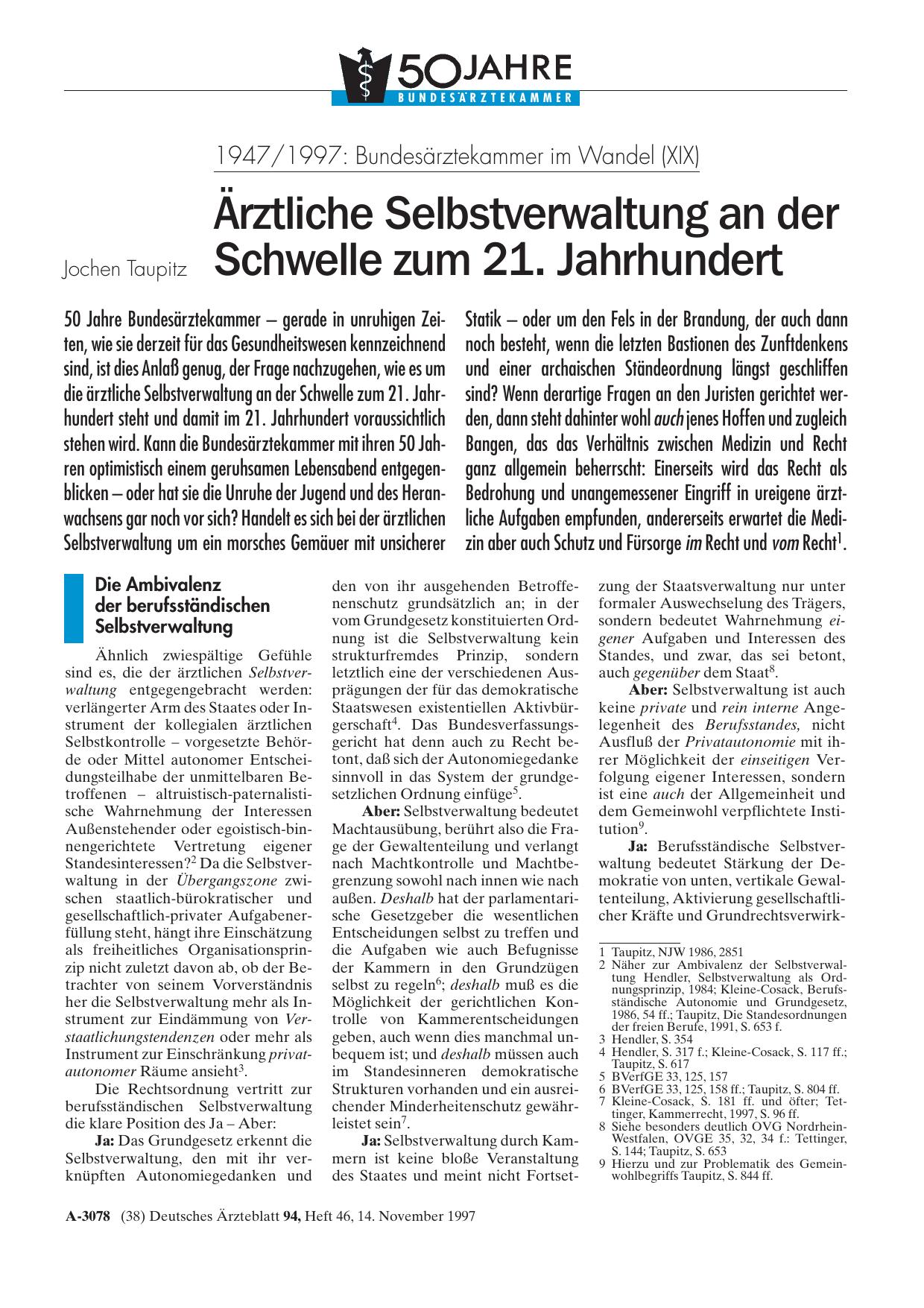 Vorschauseite 1: 1947/1997 – Bundesärztekammer im Wandel (XIX): Ärztliche Selbstverwaltung an der Schwelle zum 21. Jahrhundert
