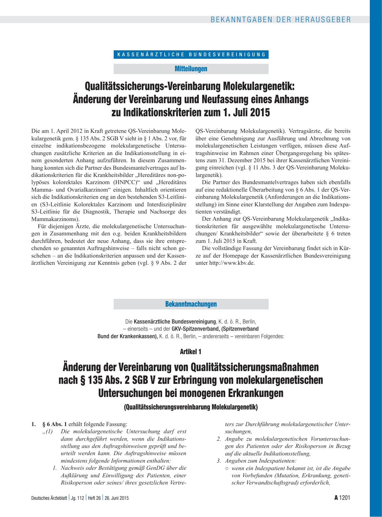 Vorschauseite 1: Artikel 1 – Änderung der Vereinbarung von Qualitätssicherungsmaßnahmen nach § 135 Abs. 2 SGB V zur Erbringung von molekulargenetischen Untersuchungen bei monogenen Erkrankungen (Q…