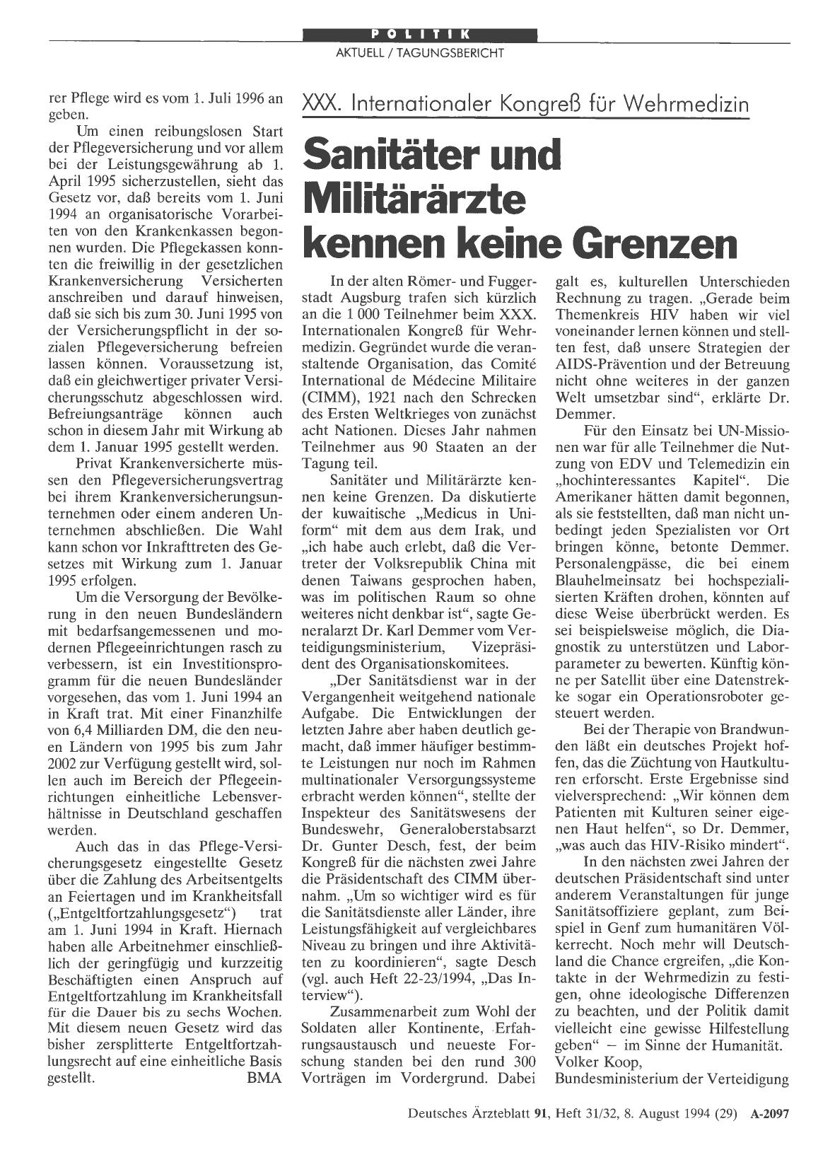 Vorschauseite 1: XXX. Internationaler Kongreß für Wehrmedizin: Sanitäter und Militärärzte kennen keine Grenzen