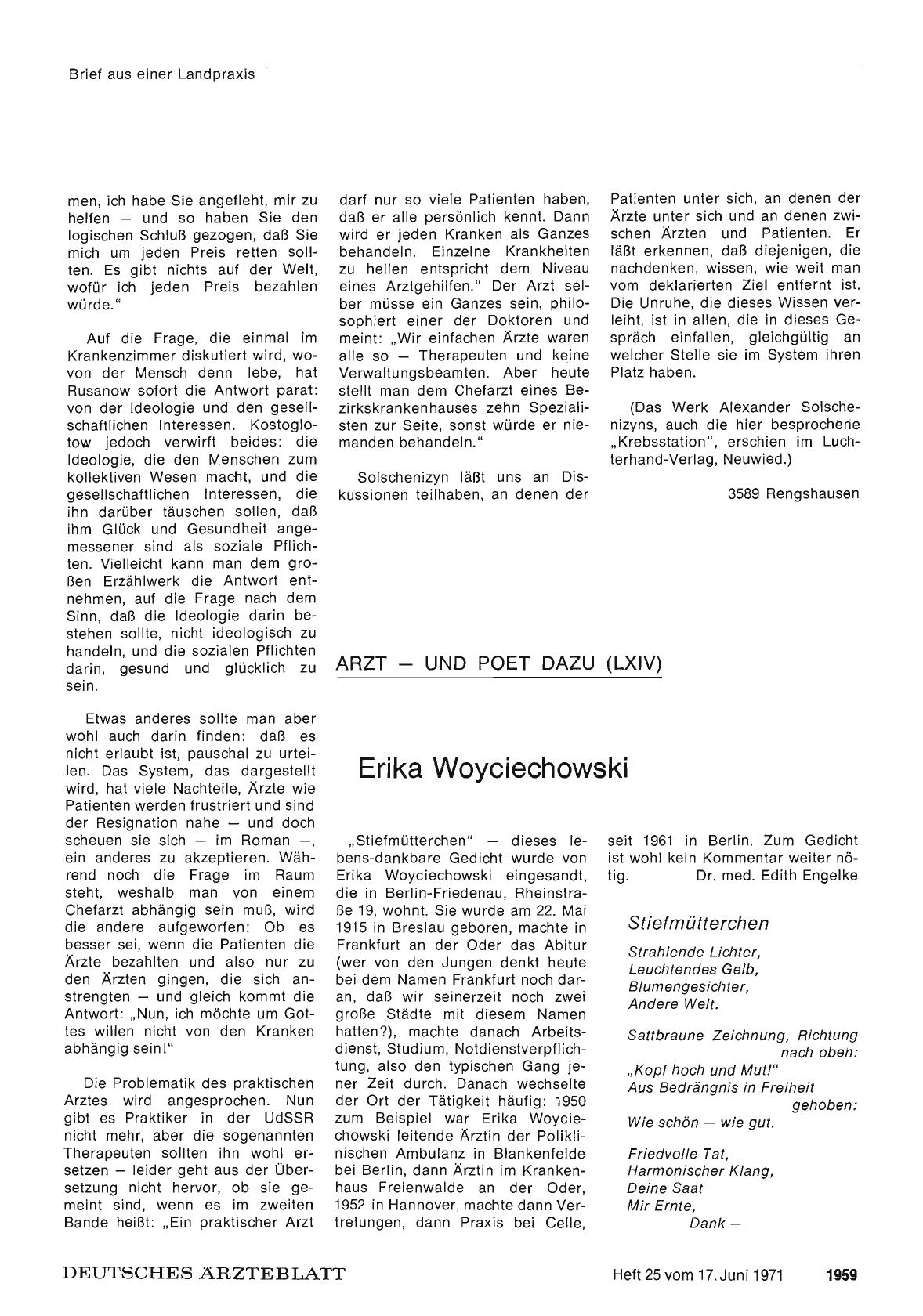 Vorschauseite 1: Arzt — und Poet dazu (LXIV): Erika Woyciechowski
